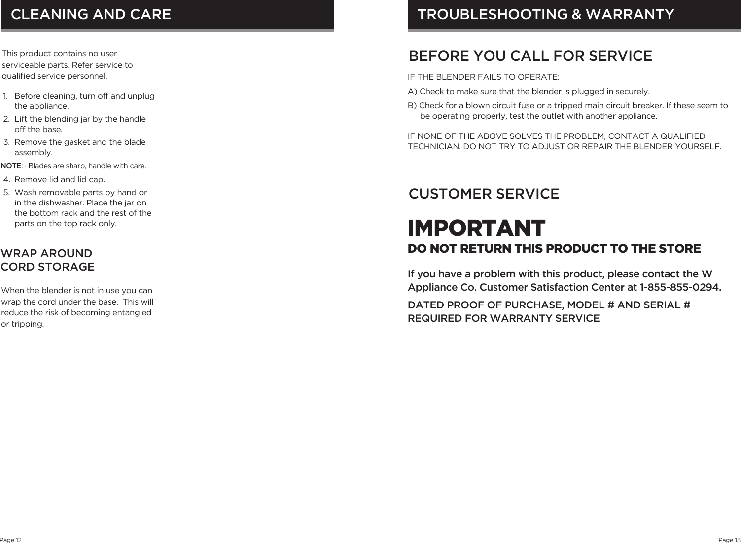 Page 7 of 9 - Westinghouse WBL1130B Blender Manual 072913 User  To The 777d276c-b26b-475a-bcd8-dfdbb159539d