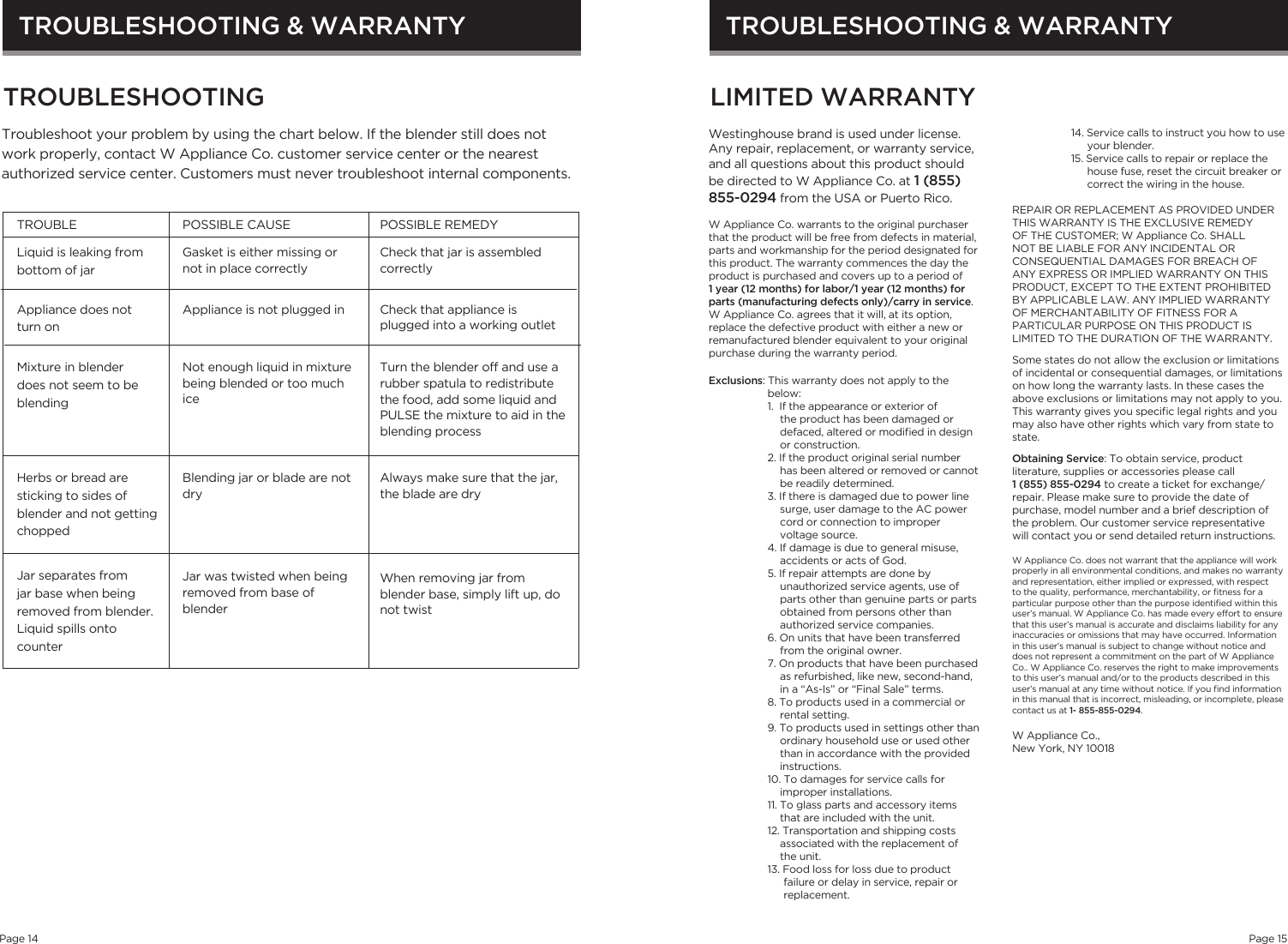 Page 8 of 9 - Westinghouse WBL1130B Blender Manual 072913 User  To The 777d276c-b26b-475a-bcd8-dfdbb159539d