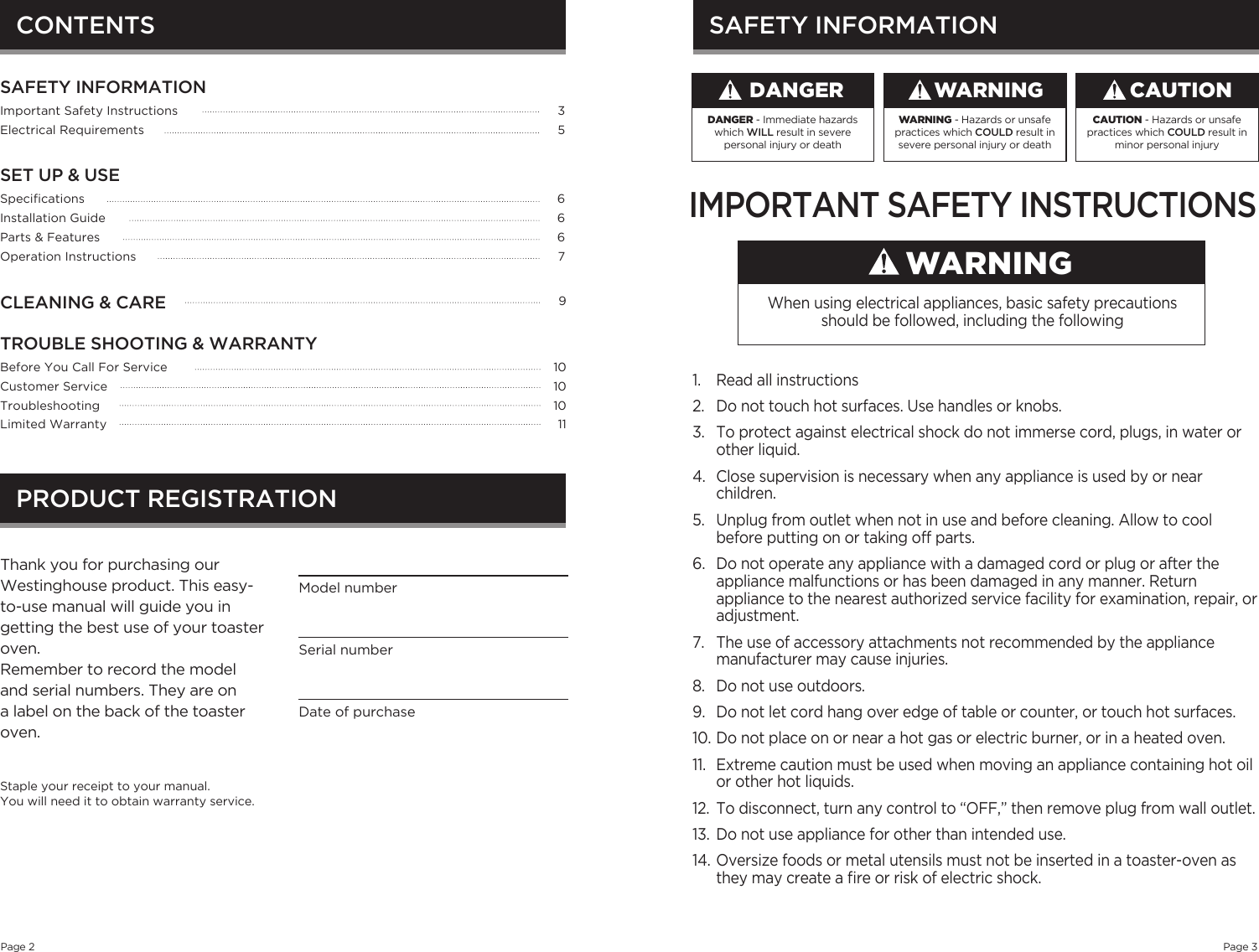 Page 2 of 7 - Westinghouse WTO1010B Toaster Oven Manual User To The 6693806a-aade-4b3a-a488-7ddcd1a4ba3a