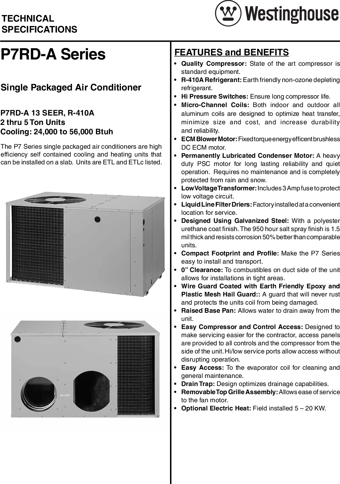 Westinghouse 13 Seer P7Rd Packaged Technical Literature