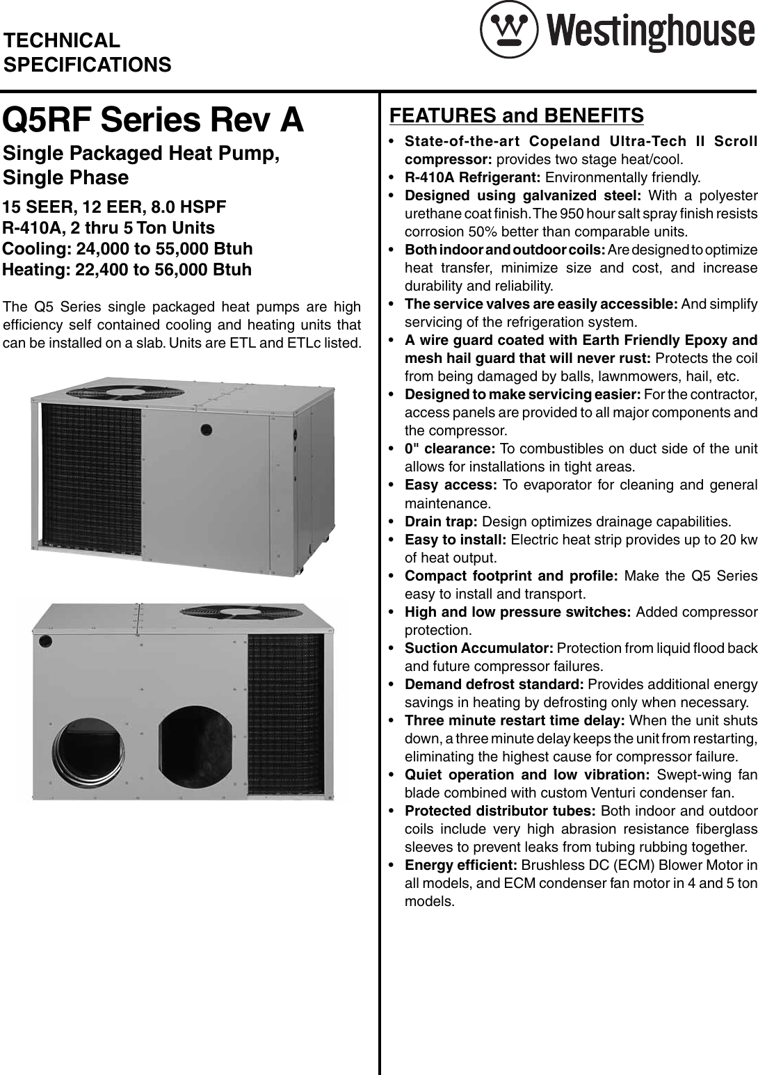 Westinghouse 15 Seer 8 Hspf Q5Rf Packaged Technical Literature