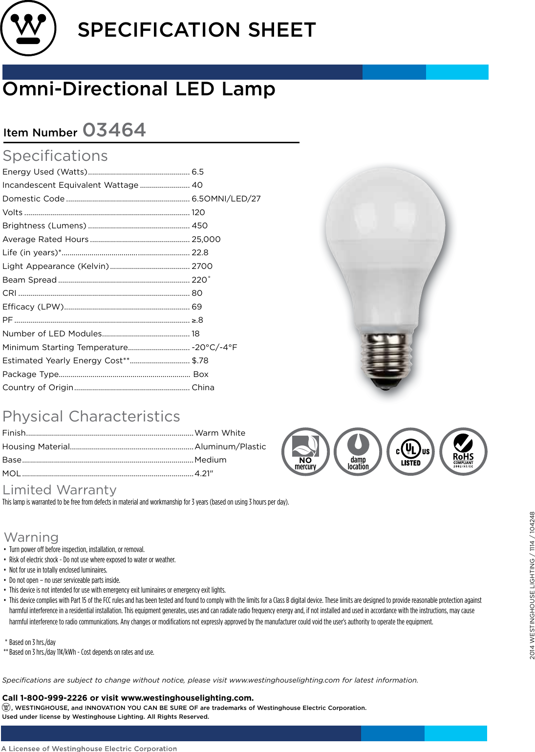 Westinghouse 6 5 Watt Replaces 40 Omni A19 Led Light Bulb 0346400 ...