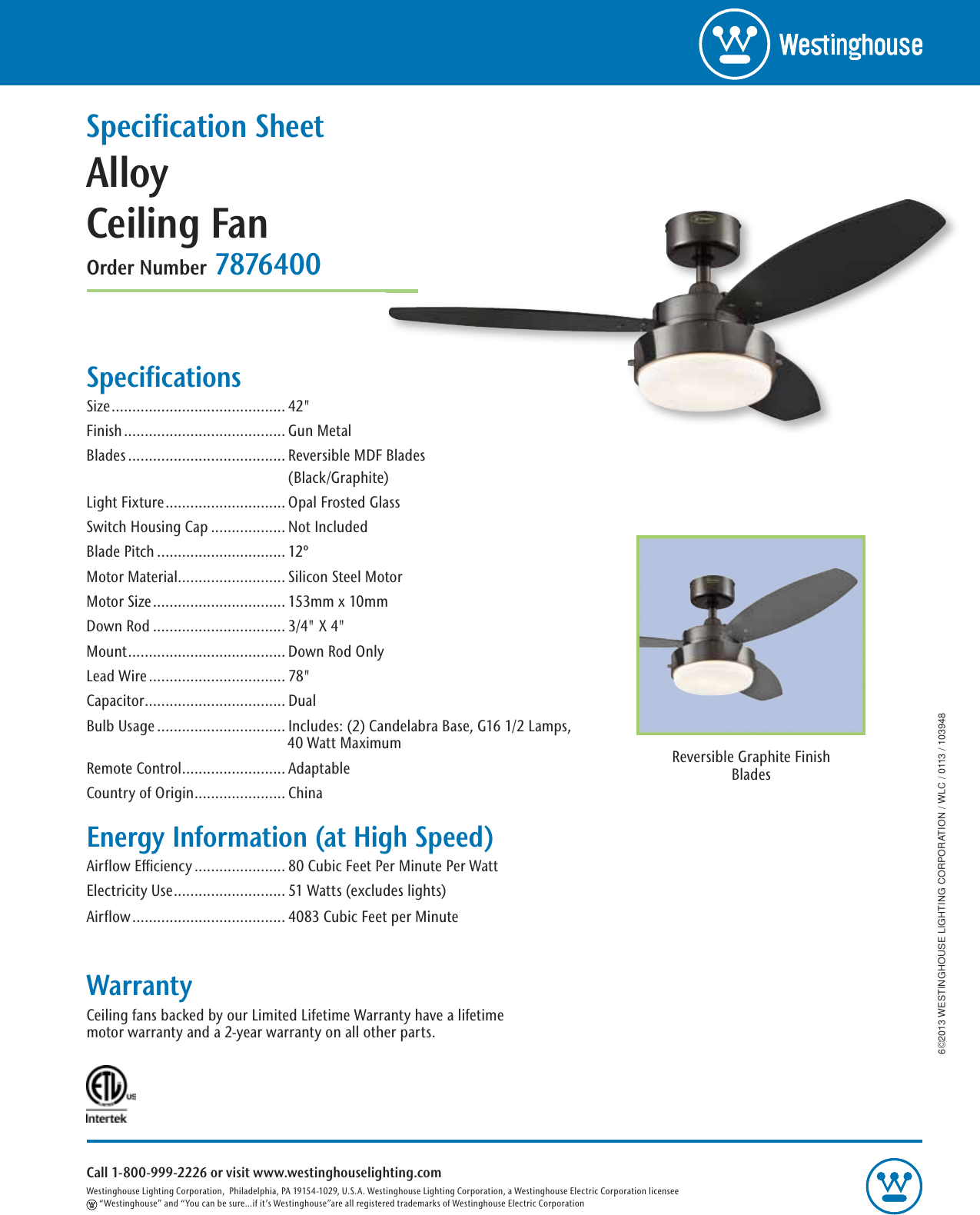Alloy 42-Inch Reversible Three-Blade Indoor Ceiling Fan Westinghouse 7876400 