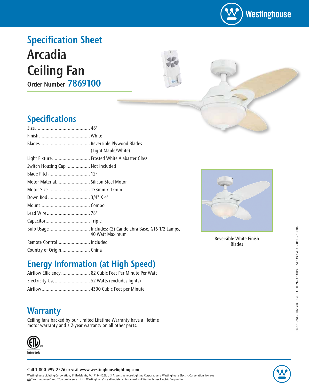 46 Inch Westinghouse Lighting 7869100 Arcadia Indoor Ceiling Fan with Light and Remote Control White