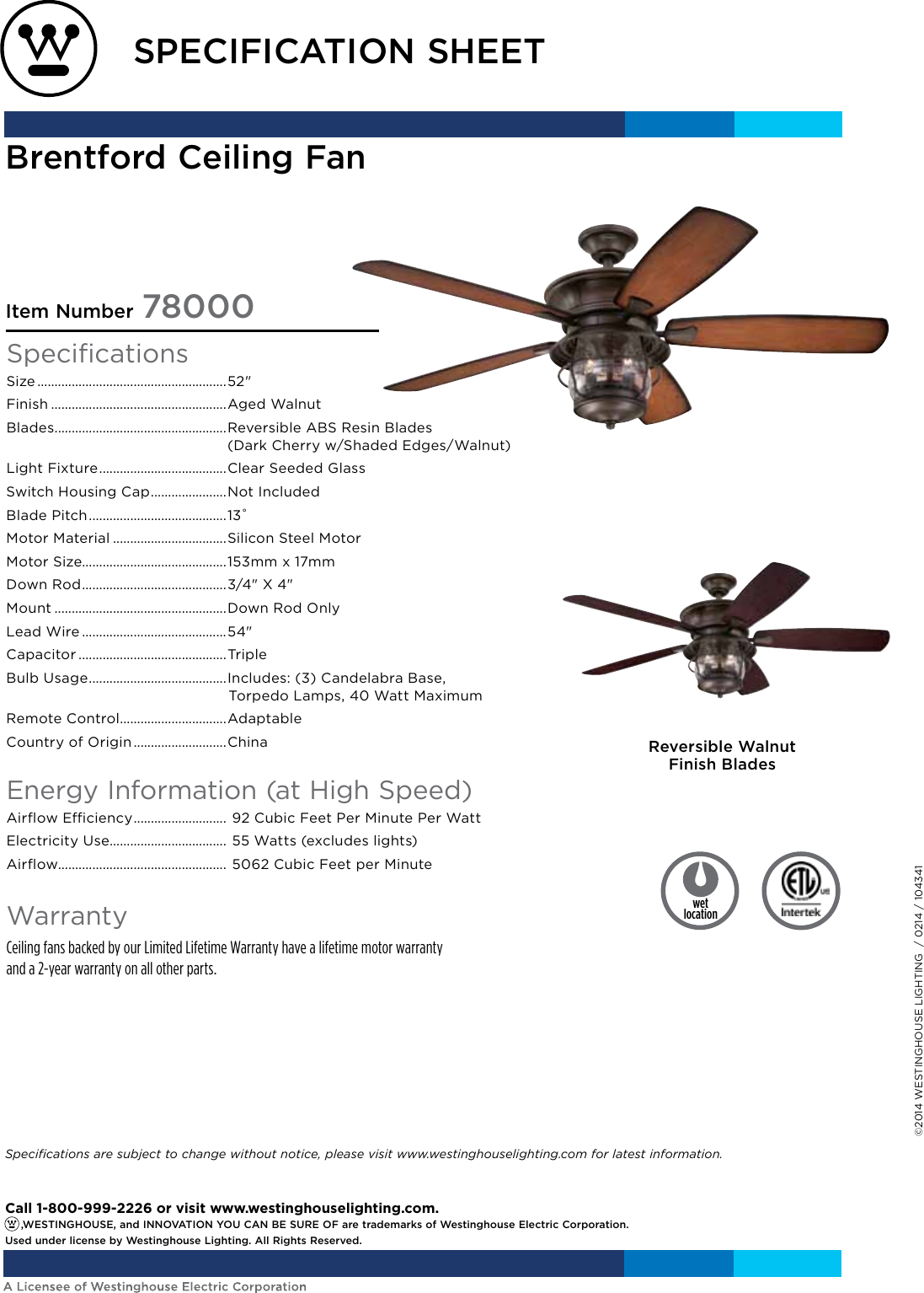 Westinghouse Brentford 52 Inch Reversible Five Blade Indoor