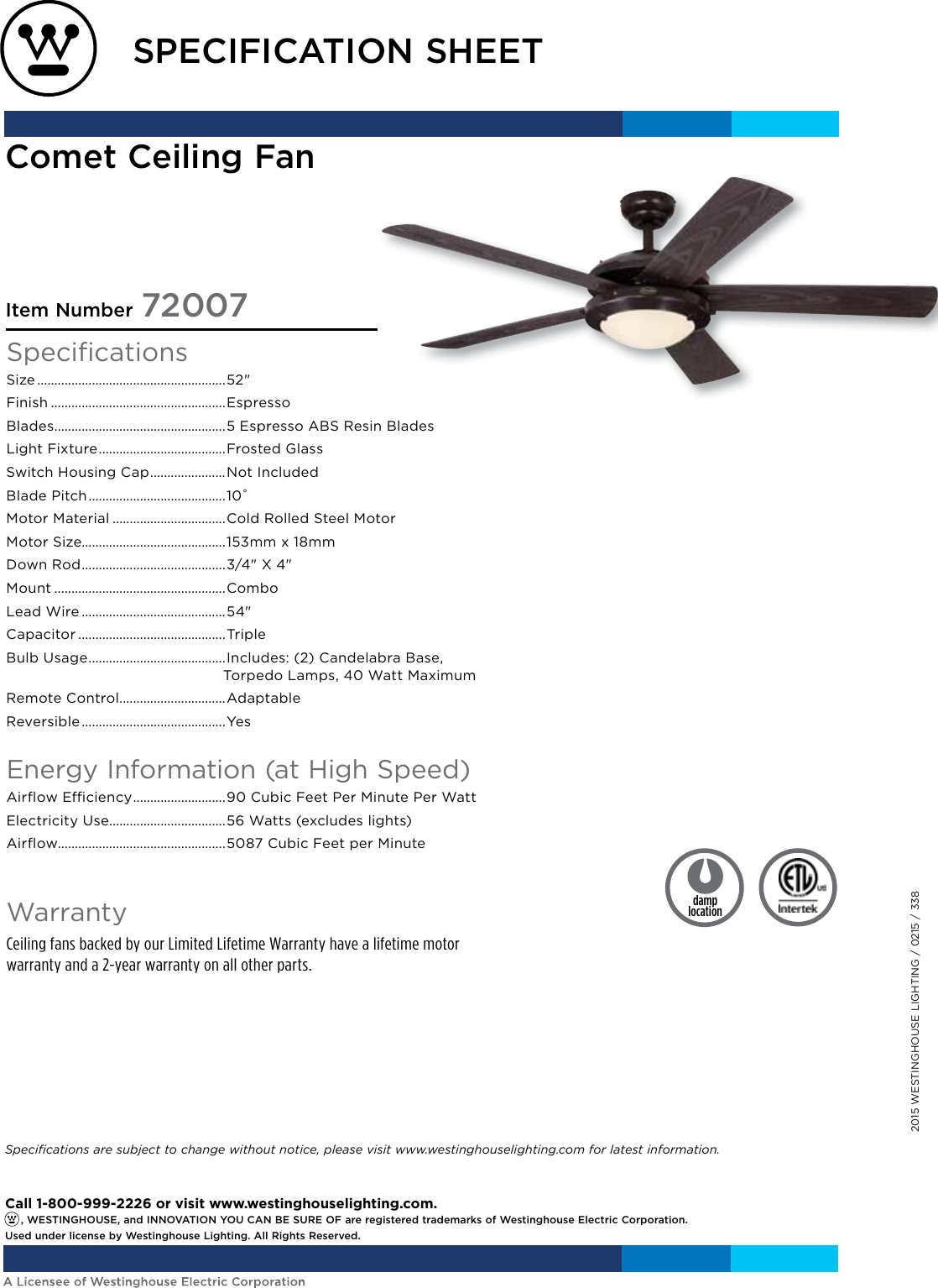 Westinghouse Comet 52 Inch Five Blade Indoor Outdoor Ceiling Fan