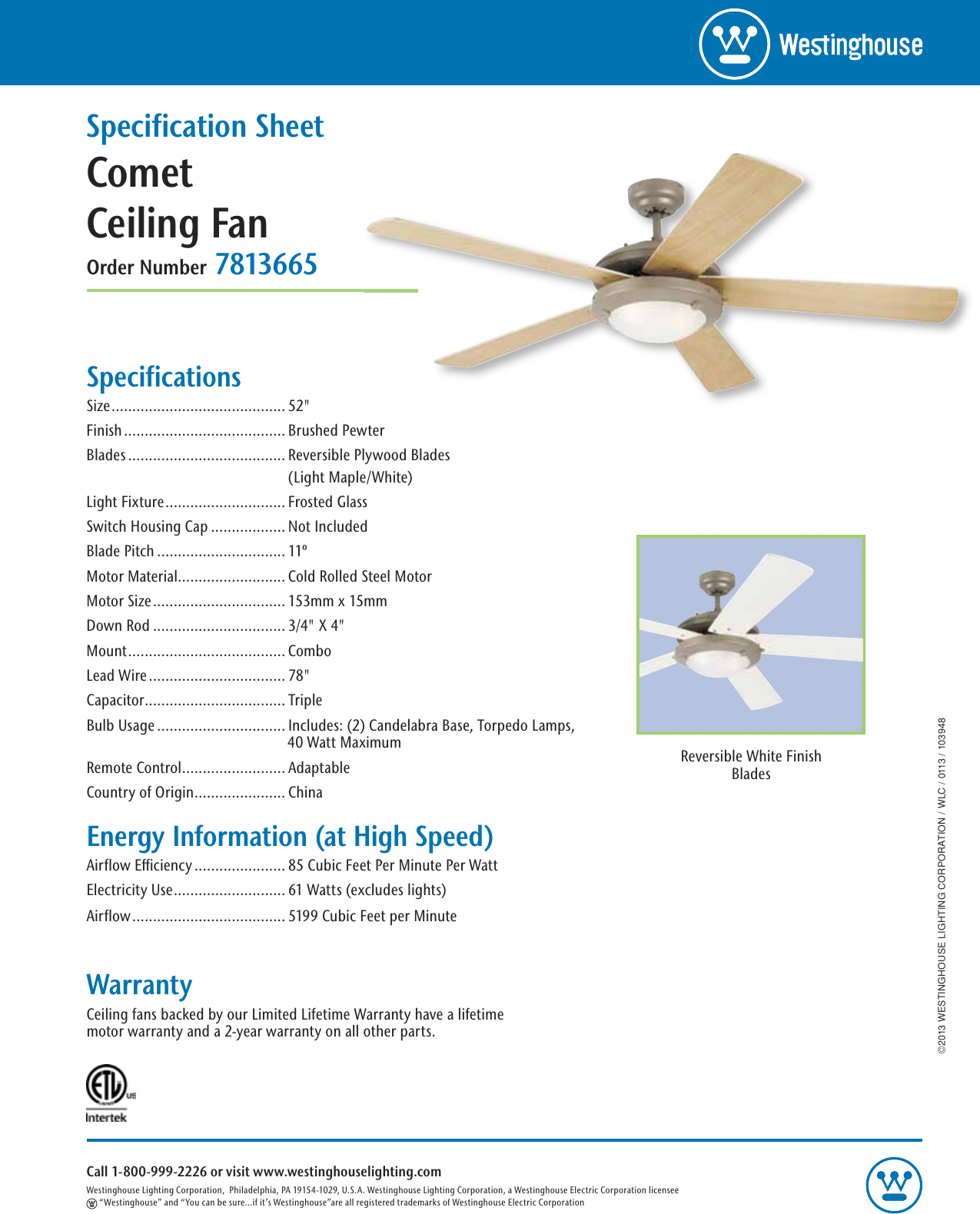 Westinghouse Comet 52 Inch Reversible Five Blade Indoor Ceiling