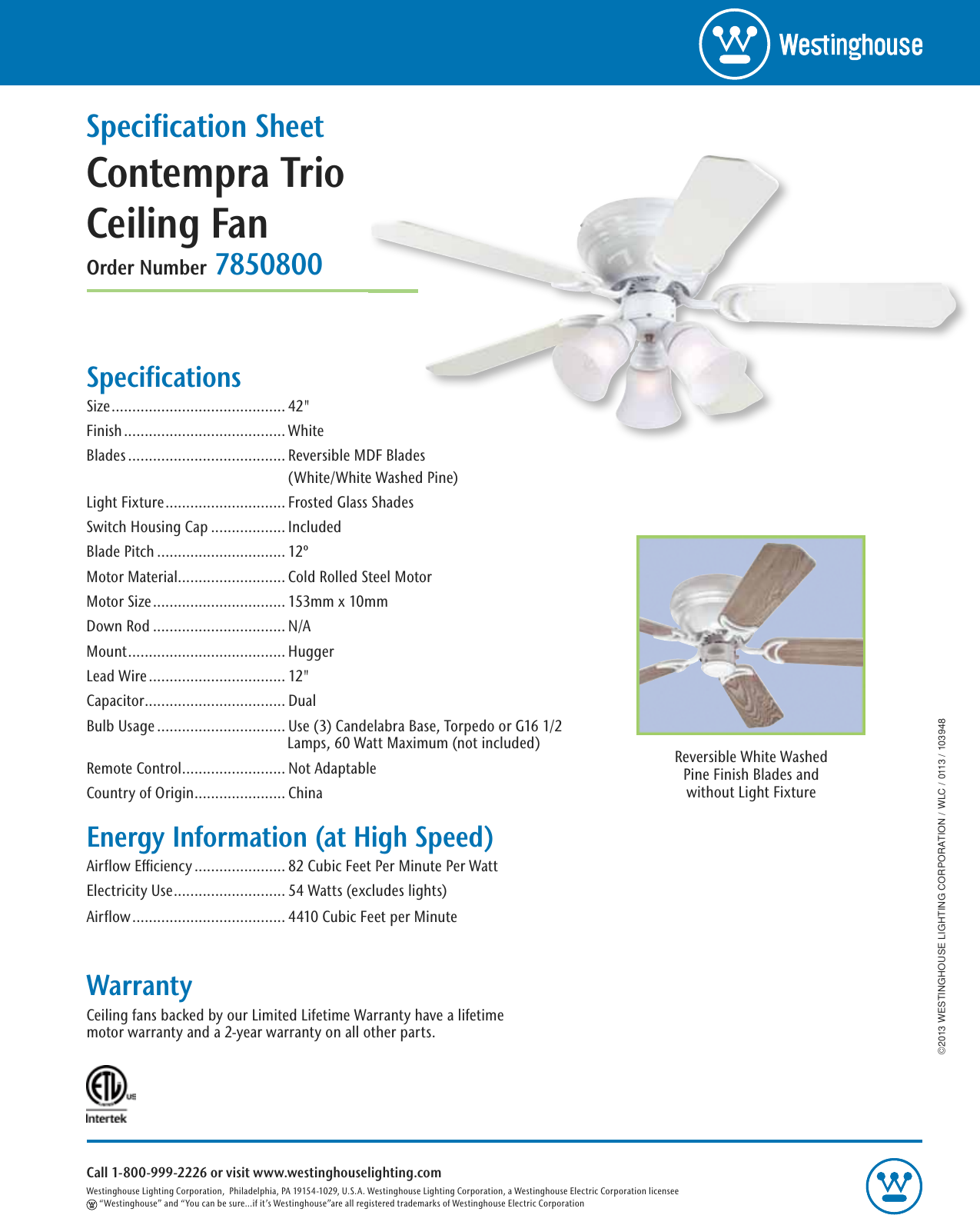 Page 1 of 1 - Westinghouse Westinghouse-Contempra-Trio-42-Inch-Reversible-Five-Blade-Indoor-Ceiling-Fan-7850800-Specification-Sheet-  Westinghouse-contempra-trio-42-inch-reversible-five-blade-indoor-ceiling-fan-7850800-specification-sheet