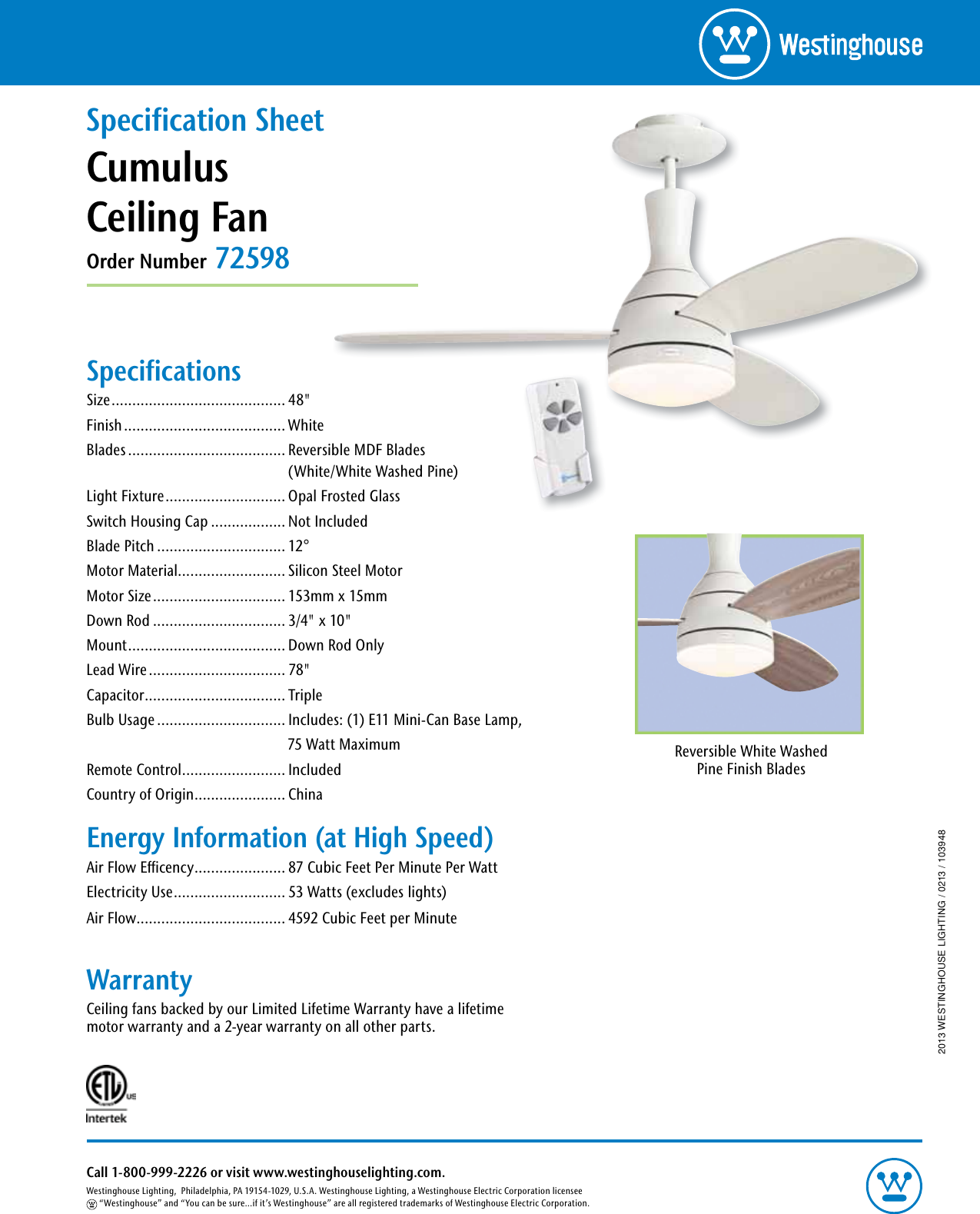 Westinghouse Cumulus 48 Inch Reversible Three Blade Indoor Ceiling