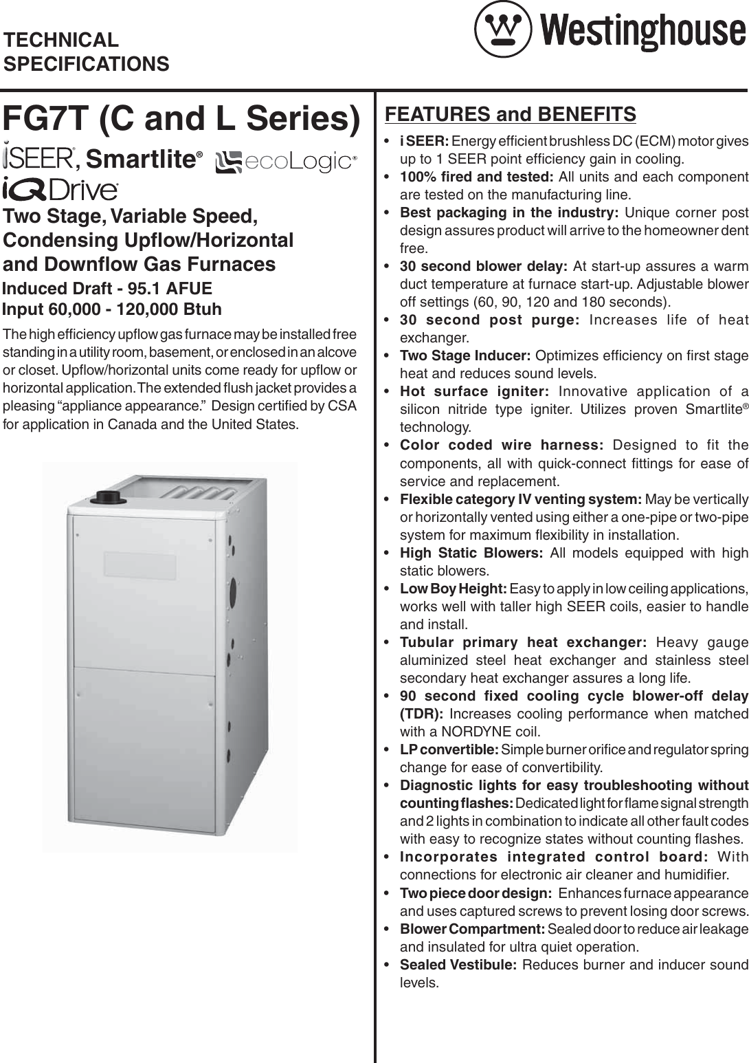 Westinghouse Fg7Tc Fg7Tl 95 1 Afue Two Stage Variable Speed Technical