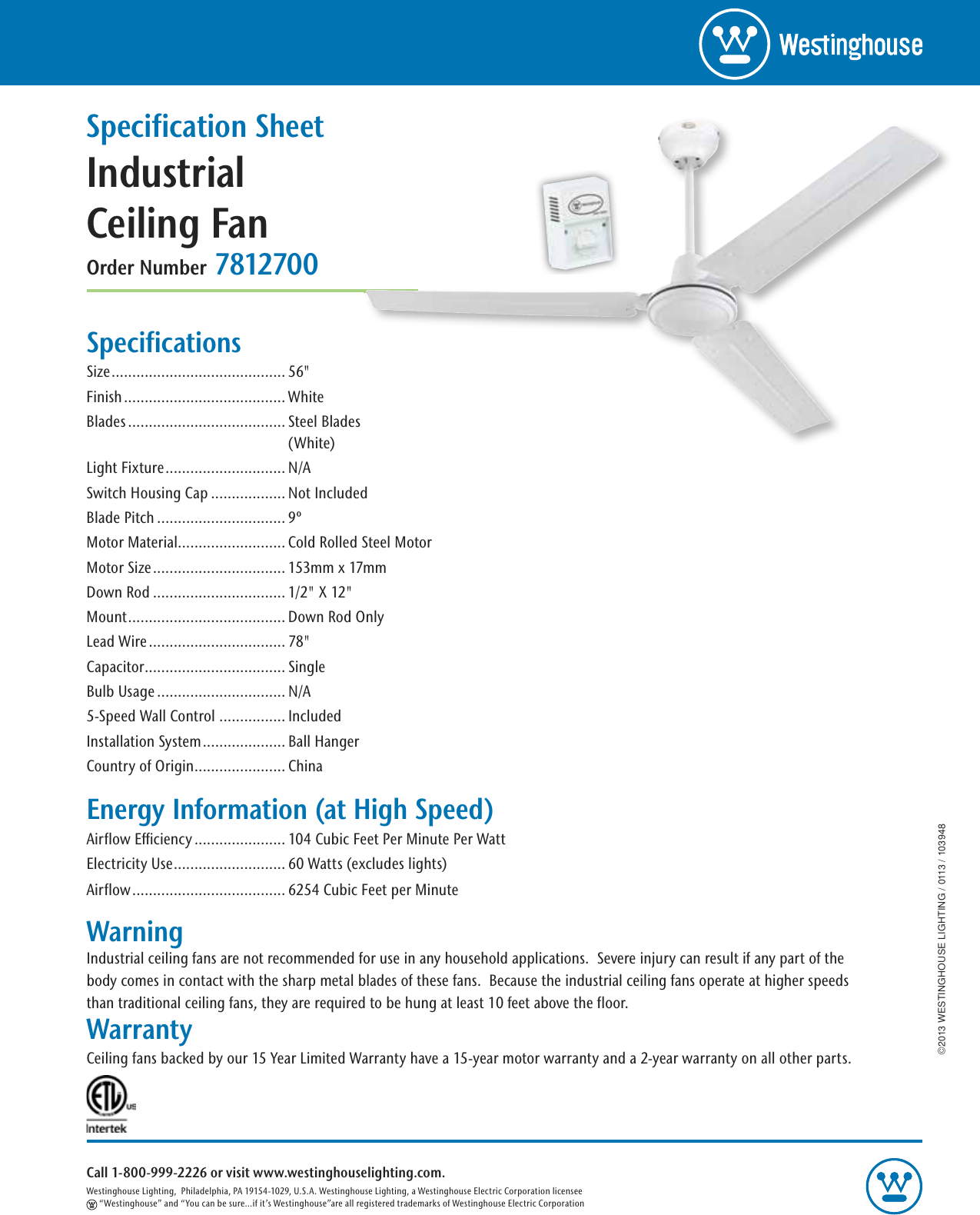 Westinghouse Industrial 56 Inch Three Blade Indoor Ceiling Fan 7812700