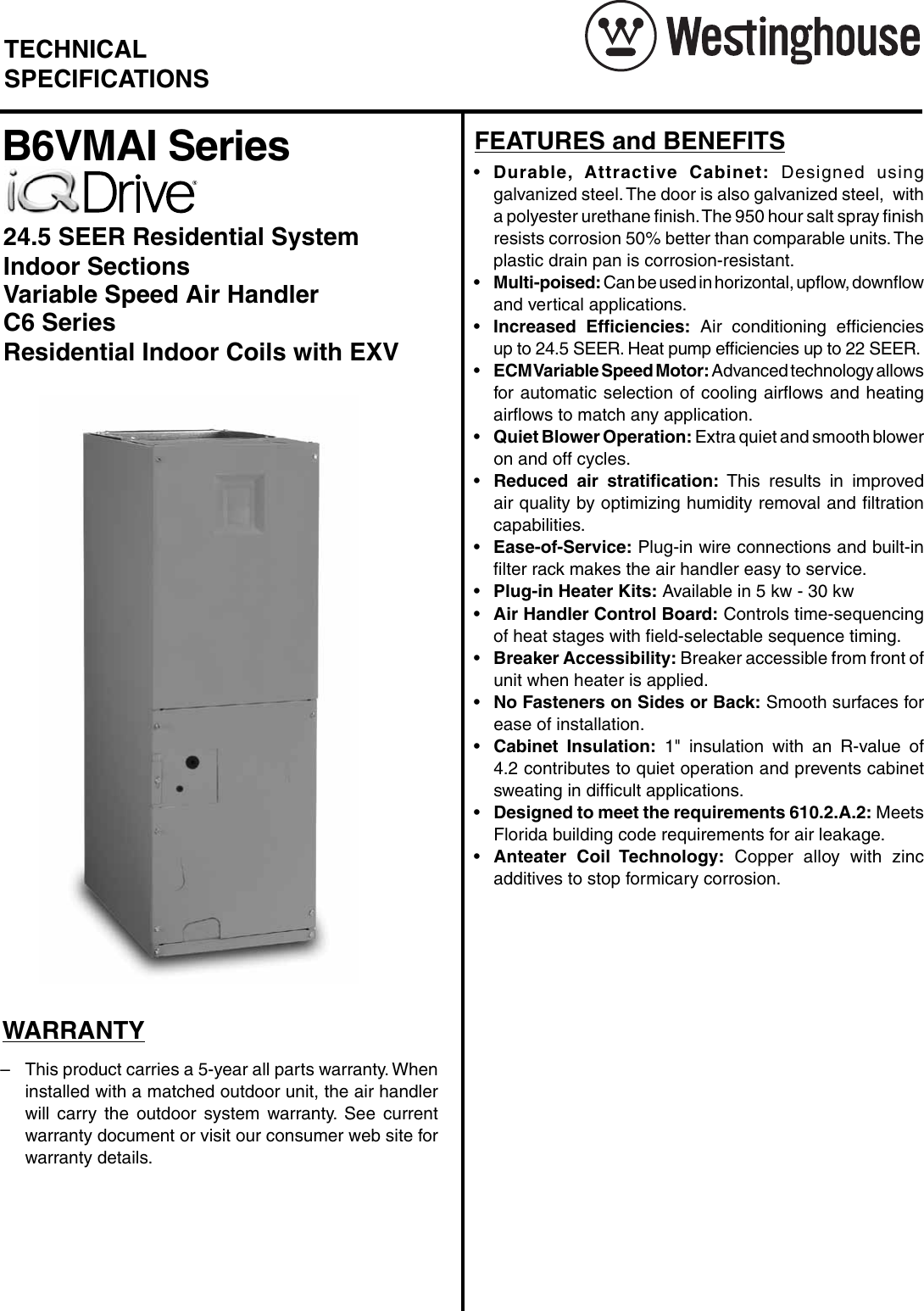 Page 1 of 4 - Westinghouse Westinghouse-Iq-Drive-B6Vmai-Technical-Literature-  Westinghouse-iq-drive-b6vmai-technical-literature