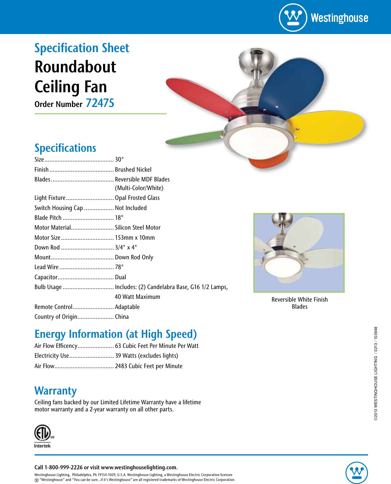 Westinghouse Roundabout 30 Inch Reversible Five Blade Indoor