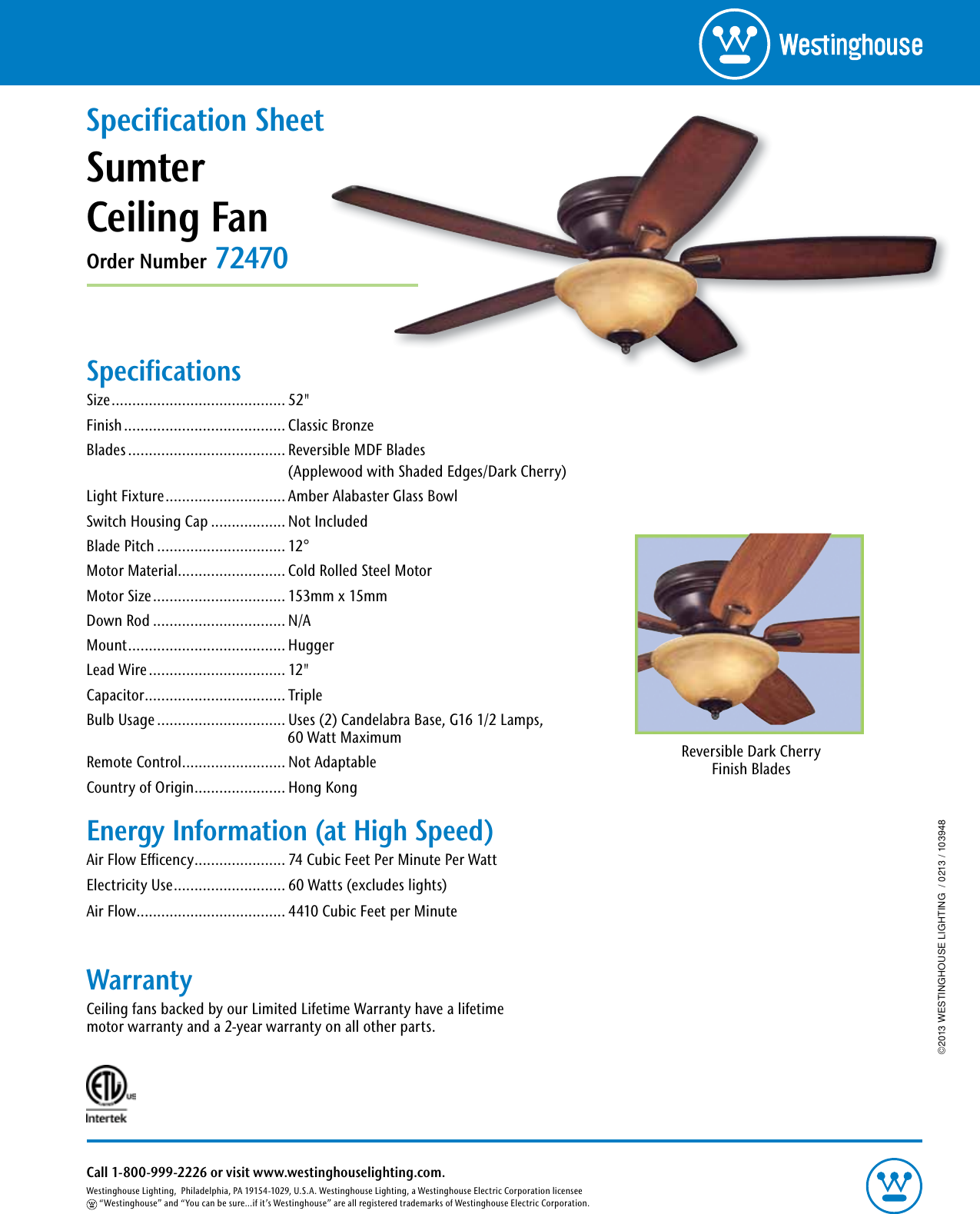 Westinghouse Sumter 52 Inch Reversible Five Blade Indoor Ceiling