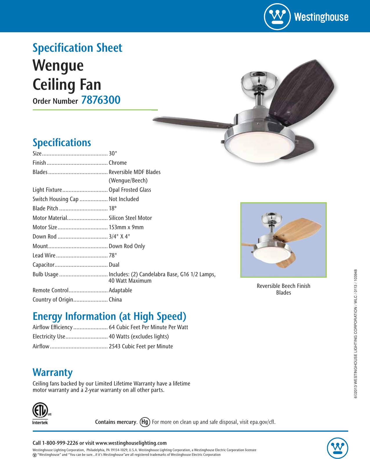 Westinghouse Wengue 30 Inch Reversible Three Blade Indoor Ceiling