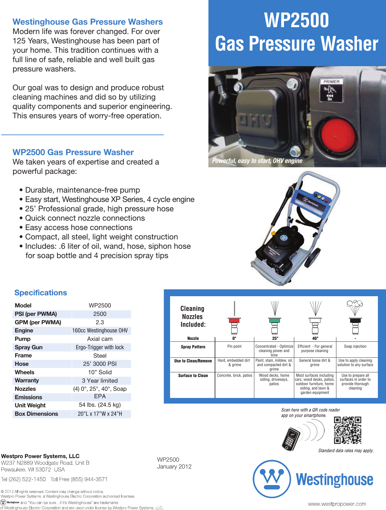 Page 1 of 1 - Westinghouse Westinghouse-Wp2500-Specification-Sheet- WP2500 Spec Sheet Single Page  Westinghouse-wp2500-specification-sheet