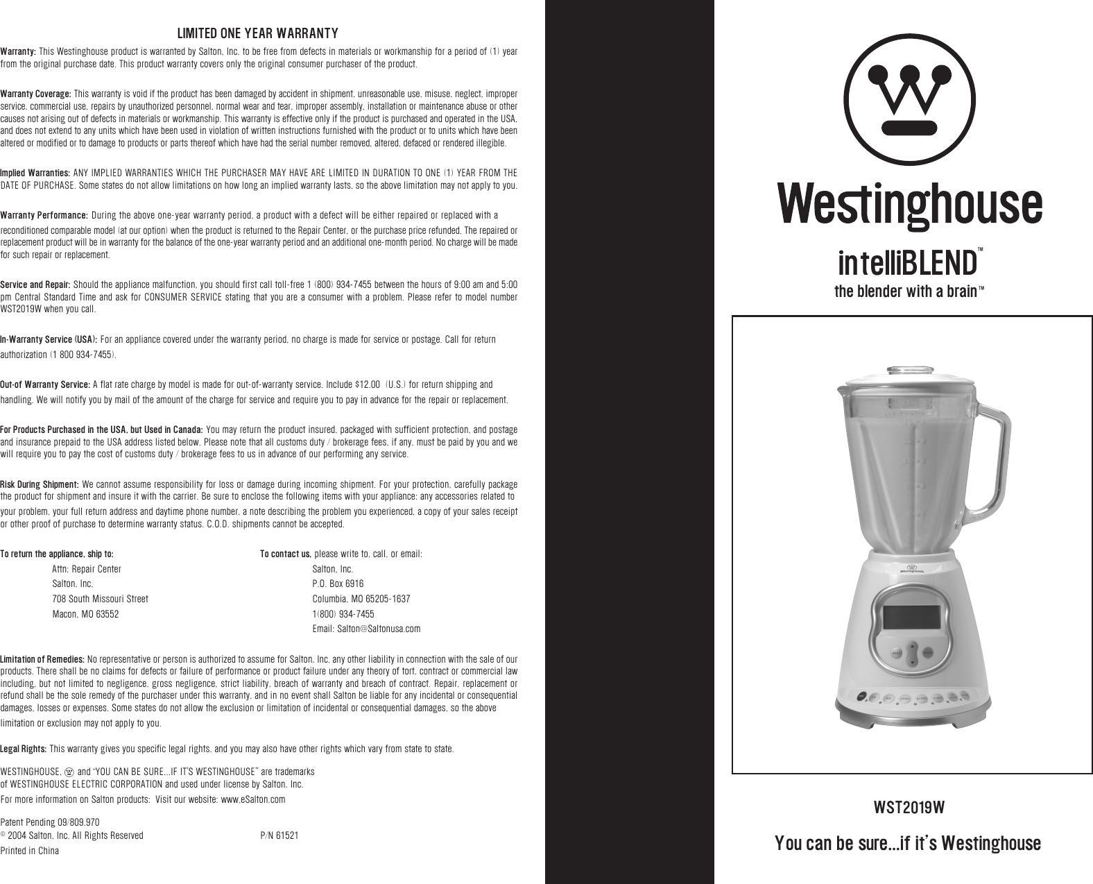 Westinghouse Wst2019W Users Manual WST2019W_manual_5/24/04
