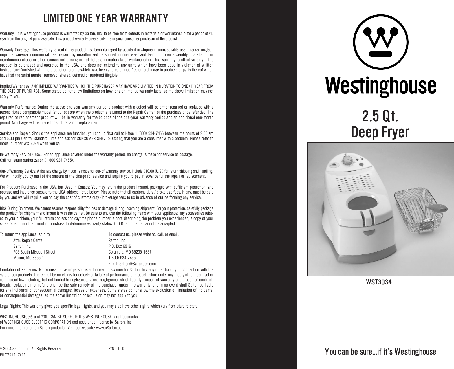 Westinghouse Wst3034 Users Manual WST3034_IB_1358_CR4