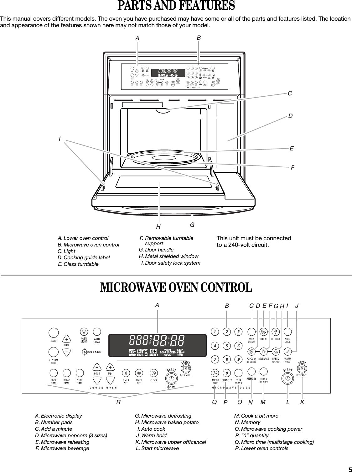 5PARTS AND FEATURESThis manual covers different models. The oven you have purchased may have some or all of the parts and features listed. The location and appearance of the features shown here may not match those of your model.MICROWAVE OVEN CONTROLA. Lower oven controlB. Microwave oven controlC.LightD. Cooking guide labelE. Glass turntableF. Removable turntable supportG. Door handleH. Metal shielded windowI. Door safety lock systemThis unit must be connected to a 240-volt circuit.A. Electronic displayB. Number padsC. Add a minuteD. Microwave popcorn (3 sizes)E. Microwave reheatingF. Microwave beverage G. Microwave defrostingH. Microwave baked potatoI. Auto cookJ. Warm hold K. Microwave upper off/cancel L. Start microwaveM. Cook a bit moreN. MemoryO. Microwave cooking powerP. “0” quantityQ. Micro time (multistage cooking)R. Lower oven controlsIBCDEFGHAFBCEGHJKDAILMNOPQR
