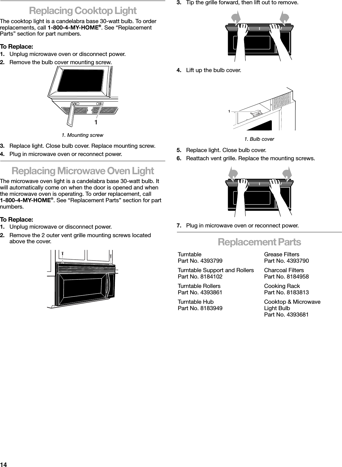 14Replacing Cooktop LightThe cooktop light is a candelabra base 30-watt bulb. To order replacements, call 1-800-4-MY-HOME®. See “Replacement Parts” section for part numbers.To Replace:1. Unplug microwave oven or disconnect power.2. Remove the bulb cover mounting screw.1. Mounting screw3. Replace light. Close bulb cover. Replace mounting screw.4. Plug in microwave oven or reconnect power.Replacing Microwave Oven LightThe microwave oven light is a candelabra base 30-watt bulb. It will automatically come on when the door is opened and when the microwave oven is operating. To order replacement, call1-800-4-MY-HOME®. See “Replacement Parts” section for part numbers.To Replace:1. Unplug microwave or disconnect power.2. Remove the 2 outer vent grille mounting screws located above the cover.3. Tip the grille forward, then lift out to remove.4. Lift up the bulb cover.1. Bulb cover5. Replace light. Close bulb cover.6. Reattach vent grille. Replace the mounting screws.7. Plug in microwave oven or reconnect power.Replacement Parts1TurntablePart No. 4393799 Grease FiltersPart No. 4393790Turntable Support and RollersPart No. 8184102 Charcoal FiltersPart No. 8184958Turntable RollersPart No. 4393861 Cooking RackPart No. 8183813Turntable HubPart No. 8183949 Cooktop &amp; MicrowaveLight BulbPart No. 43936811