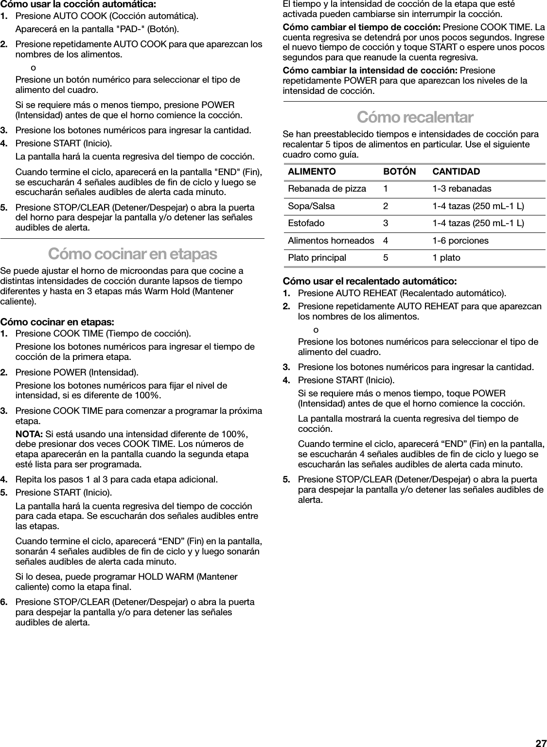 27Cómo usar la cocción automática:1. Presione AUTO COOK (Cocción automática).Aparecerá en la pantalla &quot;PAD-&quot; (Botón). 2. Presione repetidamente AUTO COOK para que aparezcan los nombres de los alimentos.oPresione un botón numérico para seleccionar el tipo de alimento del cuadro.Si se requiere más o menos tiempo, presione POWER (Intensidad) antes de que el horno comience la cocción.3. Presione los botones numéricos para ingresar la cantidad.4. Presione START (Inicio).La pantalla hará la cuenta regresiva del tiempo de cocción.Cuando termine el ciclo, aparecerá en la pantalla &quot;END&quot; (Fin), se escucharán 4 señales audibles de fin de ciclo y luego se escucharán señales audibles de alerta cada minuto.5. Presione STOP/CLEAR (Detener/Despejar) o abra la puerta del horno para despejar la pantalla y/o detener las señales audibles de alerta.Cómo cocinar en etapasSe puede ajustar el horno de microondas para que cocine a distintas intensidades de cocción durante lapsos de tiempo diferentes y hasta en 3 etapas más Warm Hold (Mantener caliente).Cómo cocinar en etapas:1. Presione COOK TIME (Tiempo de cocción).Presione los botones numéricos para ingresar el tiempo de cocción de la primera etapa.2. Presione POWER (Intensidad).Presione los botones numéricos para fijar el nivel de intensidad, si es diferente de 100%.3. Presione COOK TIME para comenzar a programar la próxima etapa.NOTA: Si está usando una intensidad diferente de 100%, debe presionar dos veces COOK TIME. Los números de etapa aparecerán en la pantalla cuando la segunda etapa esté lista para ser programada.4. Repita los pasos 1 al 3 para cada etapa adicional.5. Presione START (Inicio).La pantalla hará la cuenta regresiva del tiempo de cocción para cada etapa. Se escucharán dos señales audibles entre las etapas.Cuando termine el ciclo, aparecerá “END” (Fin) en la pantalla, sonarán 4 señales audibles de fin de ciclo y y luego sonarán señales audibles de alerta cada minuto.Si lo desea, puede programar HOLD WARM (Mantener caliente) como la etapa final.6. Presione STOP/CLEAR (Detener/Despejar) o abra la puerta para despejar la pantalla y/o para detener las señales audibles de alerta.El tiempo y la intensidad de cocción de la etapa que esté activada pueden cambiarse sin interrumpir la cocción.Cómo cambiar el tiempo de cocción: Presione COOK TIME. La cuenta regresiva se detendrá por unos pocos segundos. Ingrese el nuevo tiempo de cocción y toque START o espere unos pocos segundos para que reanude la cuenta regresiva.Cómo cambiar la intensidad de cocción: Presione repetidamente POWER para que aparezcan los niveles de la intensidad de cocción.Cómo recalentarSe han preestablecido tiempos e intensidades de cocción para recalentar 5 tipos de alimentos en particular. Use el siguiente cuadro como guía.Cómo usar el recalentado automático:1. Presione AUTO REHEAT (Recalentado automático).2. Presione repetidamente AUTO REHEAT para que aparezcan los nombres de los alimentos.oPresione los botones numéricos para seleccionar el tipo de alimento del cuadro.3. Presione los botones numéricos para ingresar la cantidad.4. Presione START (Inicio).Si se requiere más o menos tiempo, toque POWER (Intensidad) antes de que el horno comience la cocción.La pantalla mostrará la cuenta regresiva del tiempo de cocción.Cuando termine el ciclo, aparecerá “END” (Fin) en la pantalla, se escucharán 4 señales audibles de fin de ciclo y luego se escucharán las señales audibles de alerta cada minuto.5. Presione STOP/CLEAR (Detener/Despejar) o abra la puerta para despejar la pantalla y/o detener las señales audibles de alerta.ALIMENTO BOTÓN CANTIDADRebanada de pizza 1 1-3 rebanadasSopa/Salsa 2 1-4 tazas (250 mL-1 L)Estofado 3 1-4 tazas (250 mL-1 L)Alimentos horneados 4 1-6 porcionesPlato principal 5 1 plato