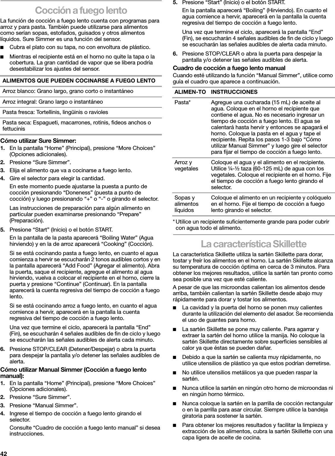 42Cocción a fuego lentoLa función de cocción a fuego lento cuenta con programas para arroz y para pasta. También puede utilizarse para alimentos como serían sopas, estofados, guisados y otros alimentos líquidos. Sure Simmer es una función del sensor.■Cubra el plato con su tapa, no con envoltura de plástico.■Mientras el recipiente está en el horno no quite la tapa o la cobertura. La gran cantidad de vapor que se libera podría desestabilizar los ajustes del sensor.Cómo utilizar Sure Simmer:1. En la pantalla “Home” (Principal), presione “More Choices” (Opciones adicionales).2. Presione “Sure Simmer”.3. Elija el alimento que va a cocinarse a fuego lento.4. Gire el selector para elegir la cantidad.En este momento puede ajustarse la puesta a punto de cocción presionando “Doneness” (puesta a punto de cocción) y luego presionando “+” o “-” o girando el selector. Las instrucciones de preparación para algún alimento en particular pueden examinarse presionando “Prepare” (Preparación).5. Presione “Start” (Inicio) o el botón START.En la pantalla de la pasta aparecerá “Boiling Water” (Agua hirviendo) y en la de arroz aparecerá “Cooking” (Cocción). Si se está cocinando pasta a fuego lento, en cuanto el agua comienza a hervir se escucharán 2 tonos audibles cortos y en la pantalla aparecerá “Add Food” (Agregar el alimento). Abra la puerta, saque el recipiente, agregue el alimento al agua hirviendo, vuelva a colocar el recipiente en el horno, cierre la puerta y presione “Continue” (Continuar). En la pantalla aparecerá la cuenta regresiva del tiempo de cocción a fuego lento.Si se está cocinando arroz a fuego lento, en cuanto el agua comience a hervir, aparecerá en la pantalla la cuenta regresiva del tiempo de cocción a fuego lento.Una vez que termine el ciclo, aparecerá la pantalla “End” (Fin), se escucharán 4 señales audibles de fin de ciclo y luego se escucharán las señales audibles de alerta cada minuto.6. Presione STOP/CLEAR (Detener/Despejar) o abra la puerta para despejar la pantalla y/o detener las señales audibles de alerta. Cómo utilizar Manual Simmer (Cocción a fuego lento manual):1. En la pantalla “Home” (Principal), presione “More Choices” (Opciones adicionales).2. Presione “Sure Simmer”.3. Presione “Manual Simmer”.4. Ingrese el tiempo de cocción a fuego lento girando el selector. Consulte “Cuadro de cocción a fuego lento manual” si desea instrucciones.5. Presione “Start” (Inicio) o el botón START.En la pantalla aparecerá “Boiling” (Hirviendo). En cuanto el agua comience a hervir, aparecerá en la pantalla la cuenta regresiva del tiempo de cocción a fuego lento.Una vez que termine el ciclo, aparecerá la pantalla “End” (Fin), se escucharán 4 señales audibles de fin de ciclo y luego se escucharán las señales audibles de alerta cada minuto.6. Presione STOP/CLEAR o abra la puerta para despejar la pantalla y/o detener las señales audibles de alerta. Cuadro de cocción a fuego lento manualCuando esté utilizando la función “Manual Simmer”, utilice como guía el cuadro que aparece a continuación. * Utilice un recipiente suficientemente grande para poder cubrir con agua todo el alimento.La característica SkilletteLa característica Skillette utiliza la sartén Skillette para dorar, tostar y freír los alimentos en el horno. La sartén Skillette alcanza su temperatura de cocción óptima en cerca de 3 minutos. Para obtener los mejores resultados, utilice la sartén tan pronto como sea posible una vez que esté caliente. A pesar de que las microondas calientan los alimentos desde arriba, también calientan la sartén Skillette desde abajo muy rápidamente para dorar y tostar los alimentos.■La cavidad y la puerta del horno se ponen muy calientes durante la utilización del elemento del asador. Se recomienda el uso de guantes para horno.■La sartén Skillette se pone muy caliente. Para agarrar y extraer la sartén del horno utilice la manija. No coloque la sartén Skillette directamente sobre superficies sensibles al calor ya que éstas se pueden dañar.■Debido a que la sartén se calienta muy rápidamente, no utilice utensilios de plástico ya que estos podrían derretirse.■No utilice utensilios metálicos ya que pueden raspar la sartén.■Nunca utilice la sartén en ningún otro horno de microondas ni en ningún horno térmico.■Nunca coloque la sartén en la parrilla de cocción rectangular o en la parrilla para asar circular. Siempre utilice la bandeja giratoria para sostener la sartén.■Para obtener los mejores resultados y facilitar la limpieza y extracción de los alimentos, cubra la sartén Skillette con una capa ligera de aceite de cocina. ALIMENTOS QUE PUEDEN COCINARSE A FUEGO LENTOArroz blanco: Grano largo, grano corto o instantáneoArroz integral: Grano largo o instantáneoPasta fresca: Tortellinis, lingüinis o raviolesPasta seca: Espagueti, macarrones, rotinis, fideos anchos o fettucinis ALIMEN-TO INSTRUCCIONESPasta* Agregue una cucharada (15 mL) de aceite al agua. Coloque en el horno el recipiente que contiene el agua. No es necesario ingresar un tiempo de cocción a fuego lento. El agua se calentará hasta hervir y entonces se apagará el horno. Coloque la pasta en el agua y tape el recipiente. Repita los pasos 1-3 bajo “Cómo utilizar Manual Simmer” y luego gire el selector para fijar el tiempo de cocción a fuego lento.Arroz y vegetales Coloque el agua y el alimento en el recipiente. Utilice ¼-½ taza (60-125 mL) de agua con los vegetales. Coloque el recipiente en el horno. Fije el tiempo de cocción a fuego lento girando el selector.Sopas y alimentos líquidosColoque el alimento en un recipiente y colóquelo en el horno. Fije el tiempo de cocción a fuego lento girando el selector.