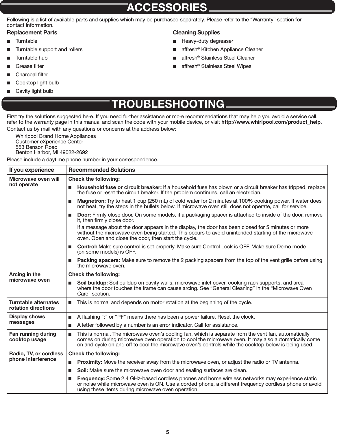 5Following is a list of available parts and supplies which may be purchased separately. Please refer to the “Warranty” section for contact information.Replacement Parts ■Turntable ■Turntable support and rollers ■Turntable hub ■Grease ﬁlter ■Charcoal ﬁlter ■Cooktop light bulb ■Cavity light bulbCleaning Supplies ■Heavy-duty degreaser ■affresh® Kitchen Appliance Cleaner ■affresh® Stainless Steel Cleaner ■affresh® Stainless Steel WipesACCESSORIESTROUBLESHOOTINGFirst try the solutions suggested here. If you need further assistance or more recommendations that may help you avoid a service call, refer to the warranty page in this manual and scan the code with your mobile device, or visit http://www.whirlpool.com/product_help.Contact us by mail with any questions or concerns at the address below:Whirlpool Brand Home Appliances Customer eXperience Center 553 Benson Road Benton Harbor, MI 49022-2692Please include a daytime phone number in your correspondence.If you experience Recommended SolutionsMicrowave oven will not operateCheck the following: ■Household fuse or circuit breaker: If a household fuse has blown or a circuit breaker has tripped, replace the fuse or reset the circuit breaker. If the problem continues, call an electrician. ■Magnetron: Try to heat 1 cup (250 mL) of cold water for 2 minutes at 100% cooking power. If water does not heat, try the steps in the bullets below. If microwave oven still does not operate, call for service. ■Door: Firmly close door. On some models, if a packaging spacer is attached to inside of the door, remove it, then ﬁrmly close door.If a message about the door appears in the display, the door has been closed for 5 minutes or more without the microwave oven being started. This occurs to avoid unintended starting of the microwave oven. Open and close the door, then start the cycle. ■Control: Make sure control is set properly. Make sure Control Lock is OFF. Make sure Demo mode (on some models) is OFF. ■Packing spacers: Make sure to remove the 2 packing spacers from the top of the vent grille before using the microwave oven.Arcing in the microwave ovenCheck the following: ■Soil buildup: Soil buildup on cavity walls, microwave inlet cover, cooking rack supports, and area where the door touches the frame can cause arcing. See “General Cleaning” in the “Microwave Oven Care” section.Turntable alternates rotation directions ■This is normal and depends on motor rotation at the beginning of the cycle.Display shows messages ■A ﬂashing “:” or “PF” means there has been a power failure. Reset the clock. ■A letter followed by a number is an error indicator. Call for assistance.Fan running during cooktop usage ■This is normal. The microwave oven’s cooling fan, which is separate from the vent fan, automatically comes on during microwave oven operation to cool the microwave oven. It may also automatically come on and cycle on and off to cool the microwave oven’s controls while the cooktop below is being used.Radio, TV, or cordless phone interferenceCheck the following: ■Proximity: Move the receiver away from the microwave oven, or adjust the radio or TV antenna. ■Soil: Make sure the microwave oven door and sealing surfaces are clean. ■Frequency: Some 2.4 GHz-based cordless phones and home wireless networks may experience static or noise while microwave oven is ON. Use a corded phone, a different frequency cordless phone or avoid using these items during microwave oven operation.