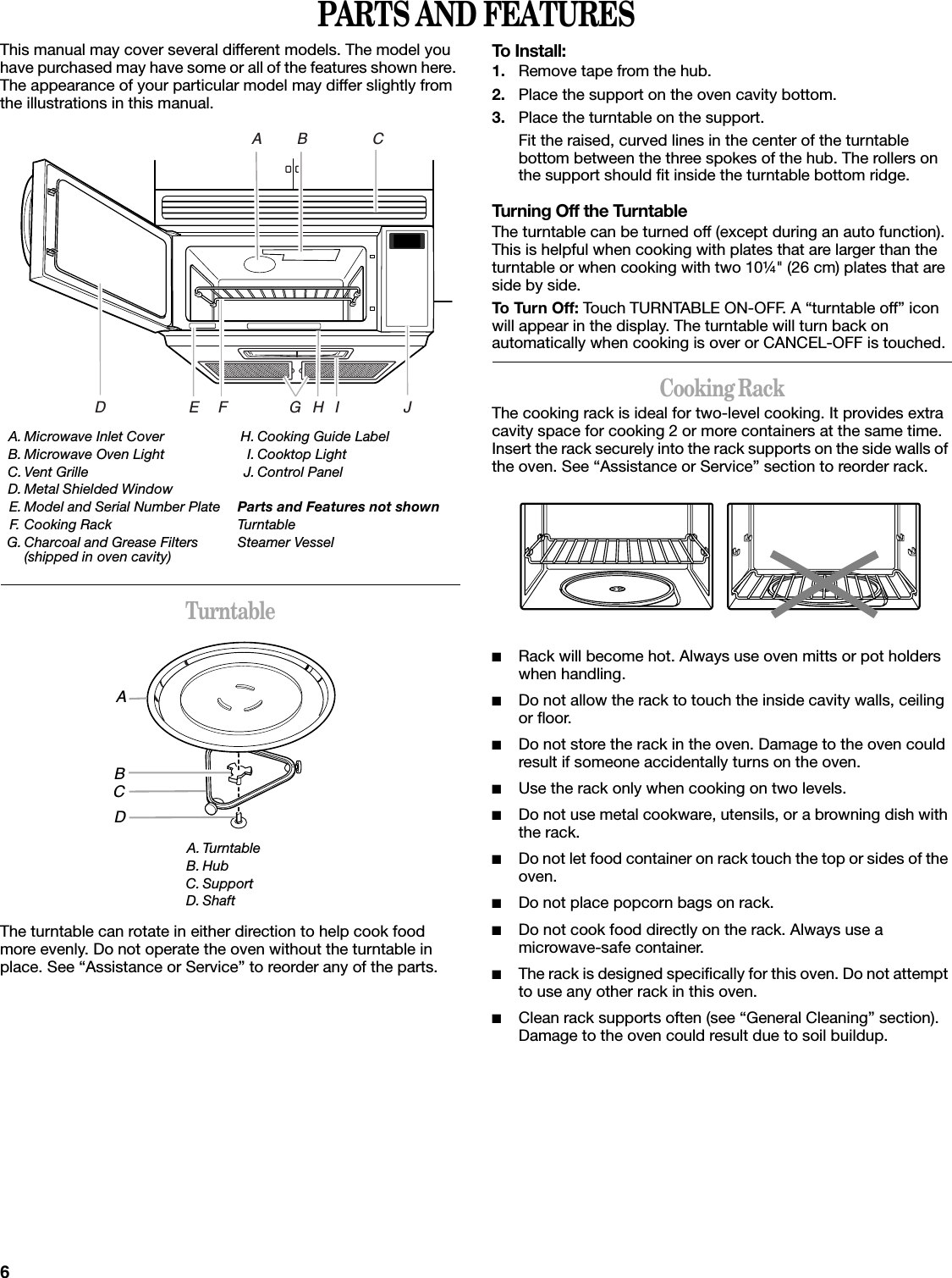 6PARTS AND FEATURESThis manual may cover several different models. The model you have purchased may have some or all of the features shown here. The appearance of your particular model may differ slightly from the illustrations in this manual.TurntableThe turntable can rotate in either direction to help cook food more evenly. Do not operate the oven without the turntable in place. See “Assistance or Service” to reorder any of the parts.To Install:1. Remove tape from the hub.2. Place the support on the oven cavity bottom.3. Place the turntable on the support.Fit the raised, curved lines in the center of the turntable bottom between the three spokes of the hub. The rollers on the support should fit inside the turntable bottom ridge.Turning Off the TurntableThe turntable can be turned off (except during an auto function). This is helpful when cooking with plates that are larger than the turntable or when cooking with two 10¼&quot; (26 cm) plates that are side by side.To Turn Off: Touch TURNTABLE ON-OFF. A “turntable off” icon will appear in the display. The turntable will turn back on automatically when cooking is over or CANCEL-OFF is touched.Cooking RackThe cooking rack is ideal for two-level cooking. It provides extra cavity space for cooking 2 or more containers at the same time. Insert the rack securely into the rack supports on the side walls of the oven. See “Assistance or Service” section to reorder rack.■Rack will become hot. Always use oven mitts or pot holders when handling.■Do not allow the rack to touch the inside cavity walls, ceiling or floor.■Do not store the rack in the oven. Damage to the oven could result if someone accidentally turns on the oven.■Use the rack only when cooking on two levels.■Do not use metal cookware, utensils, or a browning dish with the rack.■Do not let food container on rack touch the top or sides of the oven.■Do not place popcorn bags on rack.■Do not cook food directly on the rack. Always use a microwave-safe container.■The rack is designed specifically for this oven. Do not attempt to use any other rack in this oven.■Clean rack supports often (see “General Cleaning” section). Damage to the oven could result due to soil buildup.A. Microwave Inlet CoverB. Microwave Oven LightC. Vent GrilleD. Metal Shielded WindowE. Model and Serial Number PlateF. Cooking RackG. Charcoal and Grease Filters (shipped in oven cavity)H. Cooking Guide LabelI. Cooktop LightJ. Control PanelParts and Features not shownTurntableSteamer VesselA. TurntableB. HubC. SupportD. ShaftABCGFD JIHEABCD