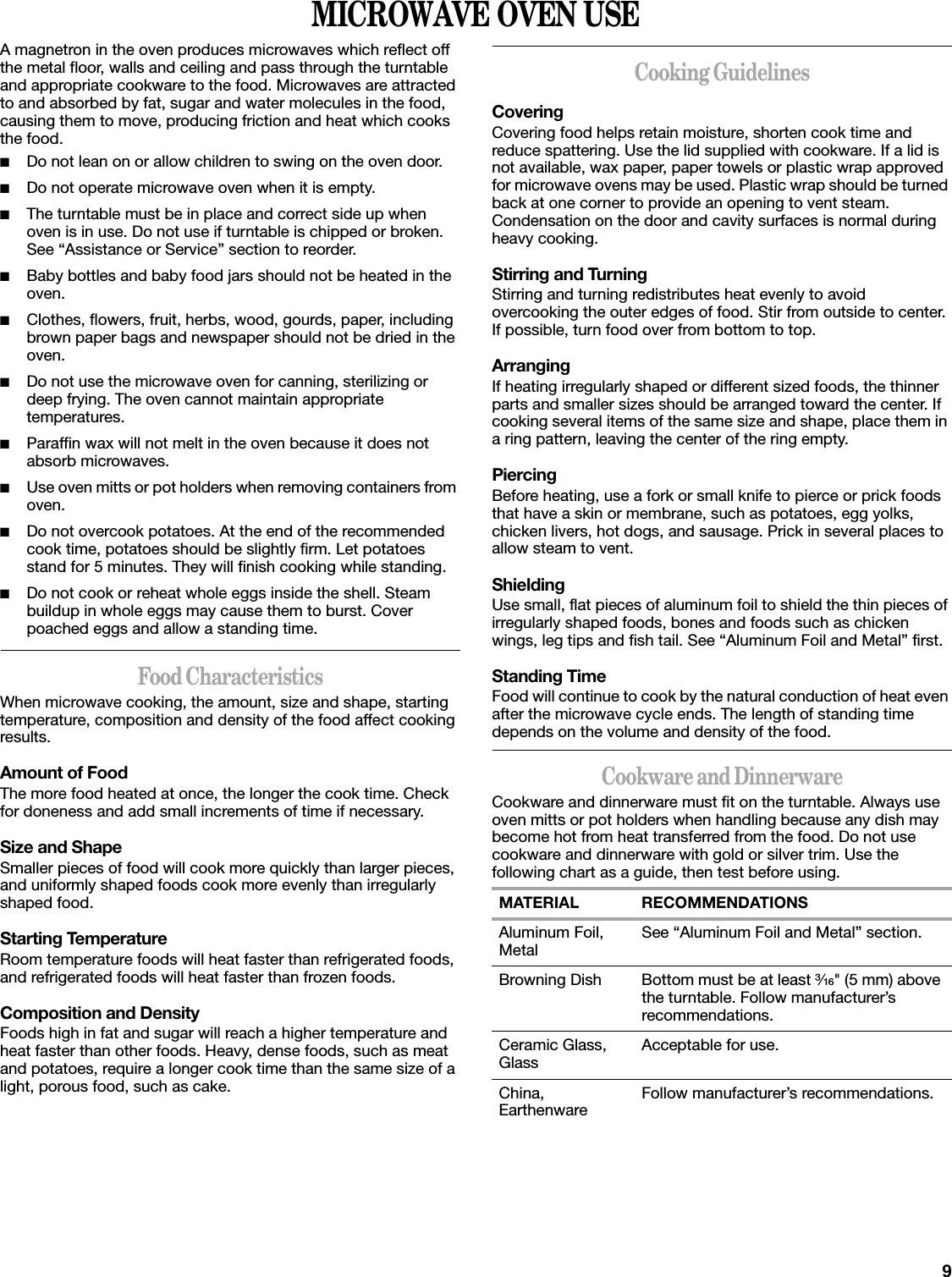 9MICROWAVE OVEN USEA magnetron in the oven produces microwaves which reflect off the metal floor, walls and ceiling and pass through the turntable and appropriate cookware to the food. Microwaves are attracted to and absorbed by fat, sugar and water molecules in the food, causing them to move, producing friction and heat which cooks the food.■Do not lean on or allow children to swing on the oven door.■Do not operate microwave oven when it is empty.■The turntable must be in place and correct side up when oven is in use. Do not use if turntable is chipped or broken. See “Assistance or Service” section to reorder.■Baby bottles and baby food jars should not be heated in the oven.■Clothes, flowers, fruit, herbs, wood, gourds, paper, including brown paper bags and newspaper should not be dried in the oven.■Do not use the microwave oven for canning, sterilizing or deep frying. The oven cannot maintain appropriate temperatures.■Paraffin wax will not melt in the oven because it does not absorb microwaves.■Use oven mitts or pot holders when removing containers from oven.■Do not overcook potatoes. At the end of the recommended cook time, potatoes should be slightly firm. Let potatoes stand for 5 minutes. They will finish cooking while standing.■Do not cook or reheat whole eggs inside the shell. Steam buildup in whole eggs may cause them to burst. Cover poached eggs and allow a standing time.Food CharacteristicsWhen microwave cooking, the amount, size and shape, starting temperature, composition and density of the food affect cooking results.Amount of FoodThe more food heated at once, the longer the cook time. Check for doneness and add small increments of time if necessary.Size and ShapeSmaller pieces of food will cook more quickly than larger pieces, and uniformly shaped foods cook more evenly than irregularly shaped food. Starting TemperatureRoom temperature foods will heat faster than refrigerated foods, and refrigerated foods will heat faster than frozen foods.Composition and DensityFoods high in fat and sugar will reach a higher temperature and heat faster than other foods. Heavy, dense foods, such as meat and potatoes, require a longer cook time than the same size of a light, porous food, such as cake.Cooking GuidelinesCoveringCovering food helps retain moisture, shorten cook time and reduce spattering. Use the lid supplied with cookware. If a lid is not available, wax paper, paper towels or plastic wrap approved for microwave ovens may be used. Plastic wrap should be turned back at one corner to provide an opening to vent steam. Condensation on the door and cavity surfaces is normal during heavy cooking.Stirring and TurningStirring and turning redistributes heat evenly to avoid overcooking the outer edges of food. Stir from outside to center. If possible, turn food over from bottom to top.ArrangingIf heating irregularly shaped or different sized foods, the thinner parts and smaller sizes should be arranged toward the center. If cooking several items of the same size and shape, place them in a ring pattern, leaving the center of the ring empty.PiercingBefore heating, use a fork or small knife to pierce or prick foods that have a skin or membrane, such as potatoes, egg yolks, chicken livers, hot dogs, and sausage. Prick in several places to allow steam to vent.ShieldingUse small, flat pieces of aluminum foil to shield the thin pieces of irregularly shaped foods, bones and foods such as chicken wings, leg tips and fish tail. See “Aluminum Foil and Metal” first.Standing TimeFood will continue to cook by the natural conduction of heat even after the microwave cycle ends. The length of standing time depends on the volume and density of the food.Cookware and DinnerwareCookware and dinnerware must fit on the turntable. Always use oven mitts or pot holders when handling because any dish may become hot from heat transferred from the food. Do not use cookware and dinnerware with gold or silver trim. Use the following chart as a guide, then test before using.MATERIAL RECOMMENDATIONSAluminum Foil, Metal See “Aluminum Foil and Metal” section.Browning Dish Bottom must be at least ³⁄₁₆&quot; (5 mm) above the turntable. Follow manufacturer’s recommendations.Ceramic Glass, Glass Acceptable for use.China, Earthenware Follow manufacturer’s recommendations.