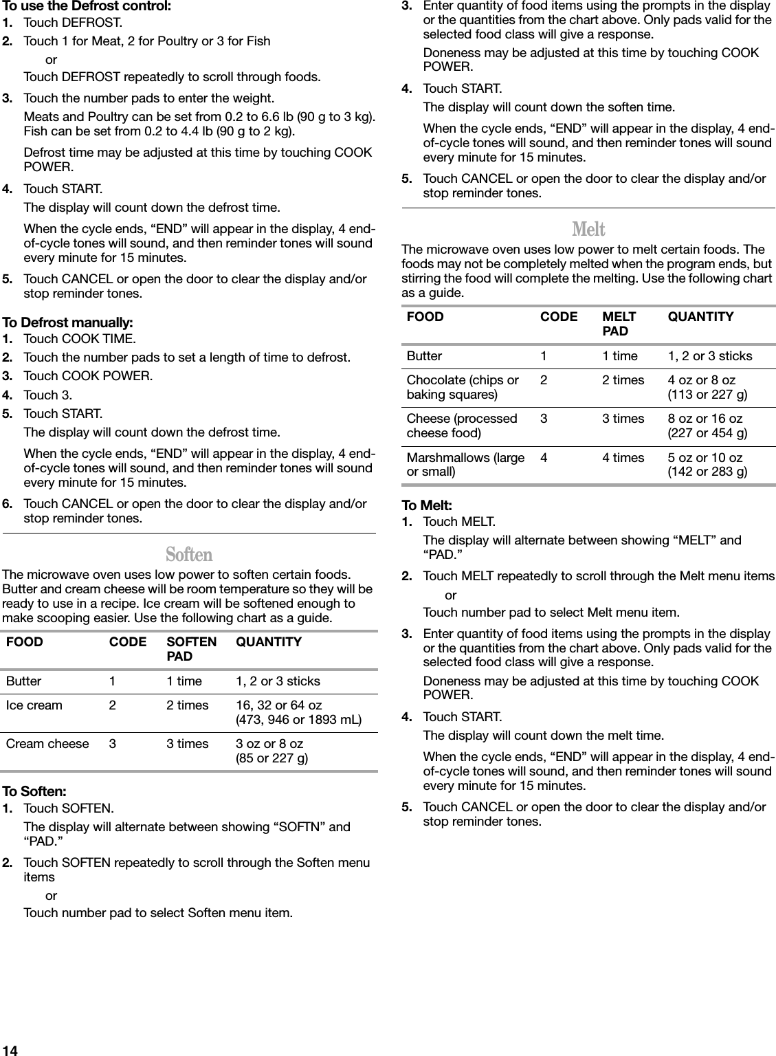 14To use the Defrost control:1. Touch DEFROST.2. Touch 1 for Meat, 2 for Poultry or 3 for FishorTouch DEFROST repeatedly to scroll through foods.3. Touch the number pads to enter the weight.Meats and Poultry can be set from 0.2 to 6.6 lb (90 g to 3 kg).Fish can be set from 0.2 to 4.4 lb (90 g to 2 kg).Defrost time may be adjusted at this time by touching COOK POWER.4. Touch START.The display will count down the defrost time.When the cycle ends, “END” will appear in the display, 4 end-of-cycle tones will sound, and then reminder tones will sound every minute for 15 minutes.5. Touch CANCEL or open the door to clear the display and/or stop reminder tones.To Defrost manually:1. Touch COOK TIME.2. Touch the number pads to set a length of time to defrost.3. Touch COOK POWER.4. Touch 3.5. Touch START.The display will count down the defrost time.When the cycle ends, “END” will appear in the display, 4 end-of-cycle tones will sound, and then reminder tones will sound every minute for 15 minutes.6. Touch CANCEL or open the door to clear the display and/or stop reminder tones.SoftenThe microwave oven uses low power to soften certain foods. Butter and cream cheese will be room temperature so they will be ready to use in a recipe. Ice cream will be softened enough to make scooping easier. Use the following chart as a guide.To Soften:1. Touch SOFTEN.The display will alternate between showing “SOFTN” and “PAD.”2. Touch SOFTEN repeatedly to scroll through the Soften menu itemsorTouch number pad to select Soften menu item.3. Enter quantity of food items using the prompts in the display or the quantities from the chart above. Only pads valid for the selected food class will give a response.Doneness may be adjusted at this time by touching COOK POWER.4. Touch START.The display will count down the soften time.When the cycle ends, “END” will appear in the display, 4 end-of-cycle tones will sound, and then reminder tones will sound every minute for 15 minutes.5. Touch CANCEL or open the door to clear the display and/or stop reminder tones.MeltThe microwave oven uses low power to melt certain foods. The foods may not be completely melted when the program ends, but stirring the food will complete the melting. Use the following chart as a guide.To Melt:1. Touch MELT.The display will alternate between showing “MELT” and “PAD.”2. Touch MELT repeatedly to scroll through the Melt menu itemsorTouch number pad to select Melt menu item.3. Enter quantity of food items using the prompts in the display or the quantities from the chart above. Only pads valid for the selected food class will give a response.Doneness may be adjusted at this time by touching COOK POWER.4. Touch START.The display will count down the melt time.When the cycle ends, “END” will appear in the display, 4 end-of-cycle tones will sound, and then reminder tones will sound every minute for 15 minutes.5. Touch CANCEL or open the door to clear the display and/or stop reminder tones.FOOD CODE SOFTEN PAD QUANTITYButter 1 1 time 1, 2 or 3 sticksIce cream 2 2 times 16, 32 or 64 oz(473, 946 or 1893 mL)Cream cheese 3 3 times 3 oz or 8 oz (85 or 227 g)FOOD CODE MELT PAD QUANTITYButter 1 1 time 1, 2 or 3 sticksChocolate (chips or baking squares) 2 2 times 4 oz or 8 oz(113 or 227 g)Cheese (processed cheese food) 3 3 times 8 oz or 16 oz(227 or 454 g)Marshmallows (large or small) 4 4 times 5 oz or 10 oz(142 or 283 g)