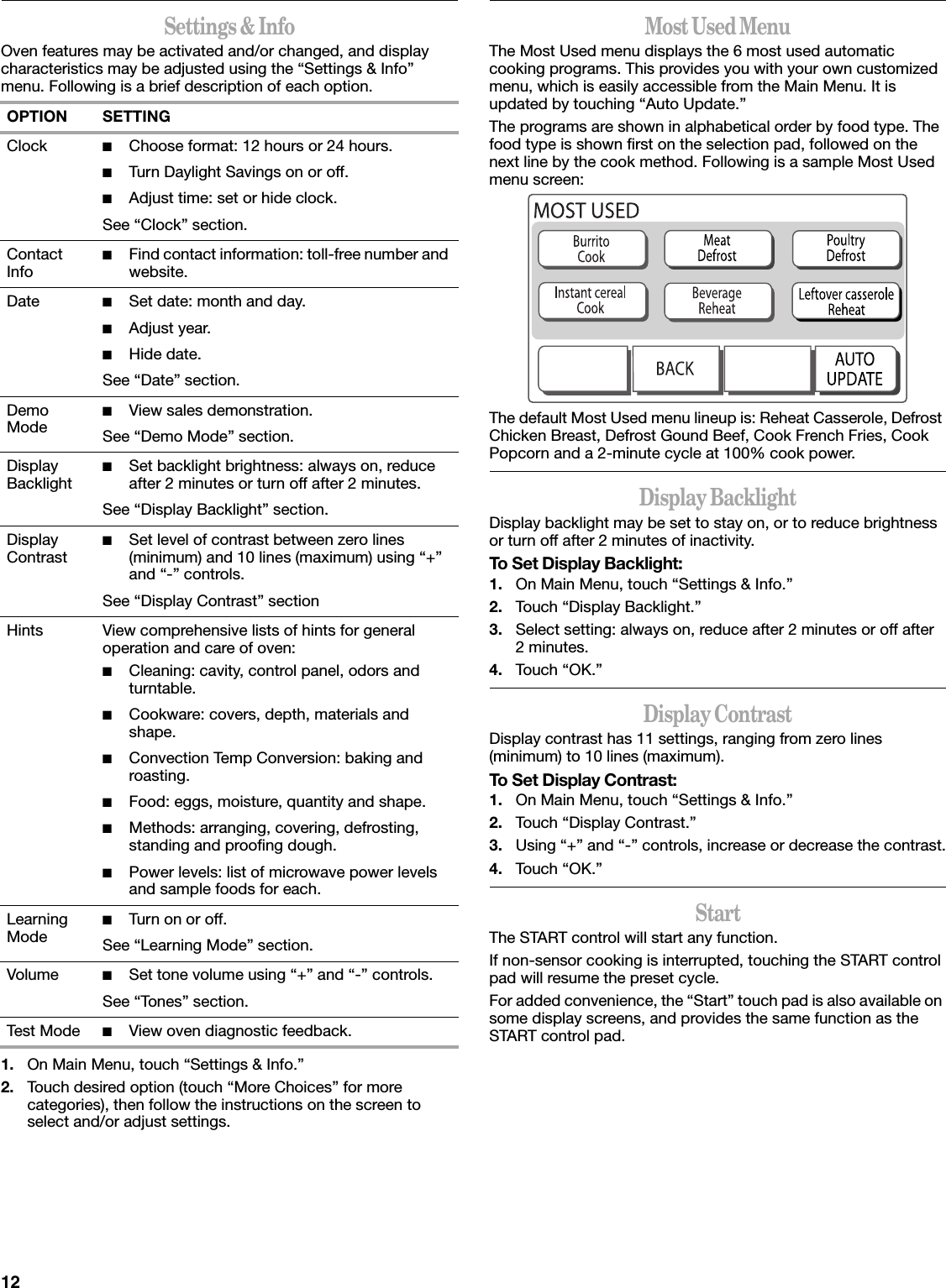 12Settings &amp; InfoOven features may be activated and/or changed, and display characteristics may be adjusted using the “Settings &amp; Info” menu. Following is a brief description of each option.1. On Main Menu, touch “Settings &amp; Info.”2. Touch desired option (touch “More Choices” for more categories), then follow the instructions on the screen to select and/or adjust settings.Most Used MenuThe Most Used menu displays the 6 most used automatic cooking programs. This provides you with your own customized menu, which is easily accessible from the Main Menu. It is updated by touching “Auto Update.”The programs are shown in alphabetical order by food type. The food type is shown first on the selection pad, followed on the next line by the cook method. Following is a sample Most Used menu screen:The default Most Used menu lineup is: Reheat Casserole, Defrost Chicken Breast, Defrost Gound Beef, Cook French Fries, Cook Popcorn and a 2-minute cycle at 100% cook power.Display BacklightDisplay backlight may be set to stay on, or to reduce brightness or turn off after 2 minutes of inactivity.To Set Display Backlight:1. On Main Menu, touch “Settings &amp; Info.”2. Touch “Display Backlight.”3. Select setting: always on, reduce after 2 minutes or off after 2minutes.4. Touch “OK.”Display ContrastDisplay contrast has 11 settings, ranging from zero lines (minimum) to 10 lines (maximum).To Set Display Contrast:1. On Main Menu, touch “Settings &amp; Info.”2. Touch “Display Contrast.”3. Using “+” and “-” controls, increase or decrease the contrast.4. Touch “OK.”StartThe START control will start any function.If non-sensor cooking is interrupted, touching the START control pad will resume the preset cycle.For added convenience, the “Start” touch pad is also available on some display screens, and provides the same function as the START control pad.OPTION SETTINGClock ■Choose format: 12 hours or 24 hours.■Turn Daylight Savings on or off.■Adjust time: set or hide clock.See “Clock” section.Contact Info■Find contact information: toll-free number and website.Date ■Set date: month and day.■Adjust year.■Hide date.See “Date” section.Demo Mode■View sales demonstration.See “Demo Mode” section.Display Backlight■Set backlight brightness: always on, reduce after 2 minutes or turn off after 2 minutes.See “Display Backlight” section.Display Contrast■Set level of contrast between zero lines (minimum) and 10 lines (maximum) using “+” and “-” controls.See “Display Contrast” sectionHints View comprehensive lists of hints for general operation and care of oven:■Cleaning: cavity, control panel, odors and turntable.■Cookware: covers, depth, materials and shape.■Convection Temp Conversion: baking and roasting.■Food: eggs, moisture, quantity and shape.■Methods: arranging, covering, defrosting, standing and proofing dough.■Power levels: list of microwave power levels and sample foods for each.Learning Mode■Turn on or off.See “Learning Mode” section.Volume ■Set tone volume using “+” and “-” controls.See “Tones” section.Test Mode ■View oven diagnostic feedback.