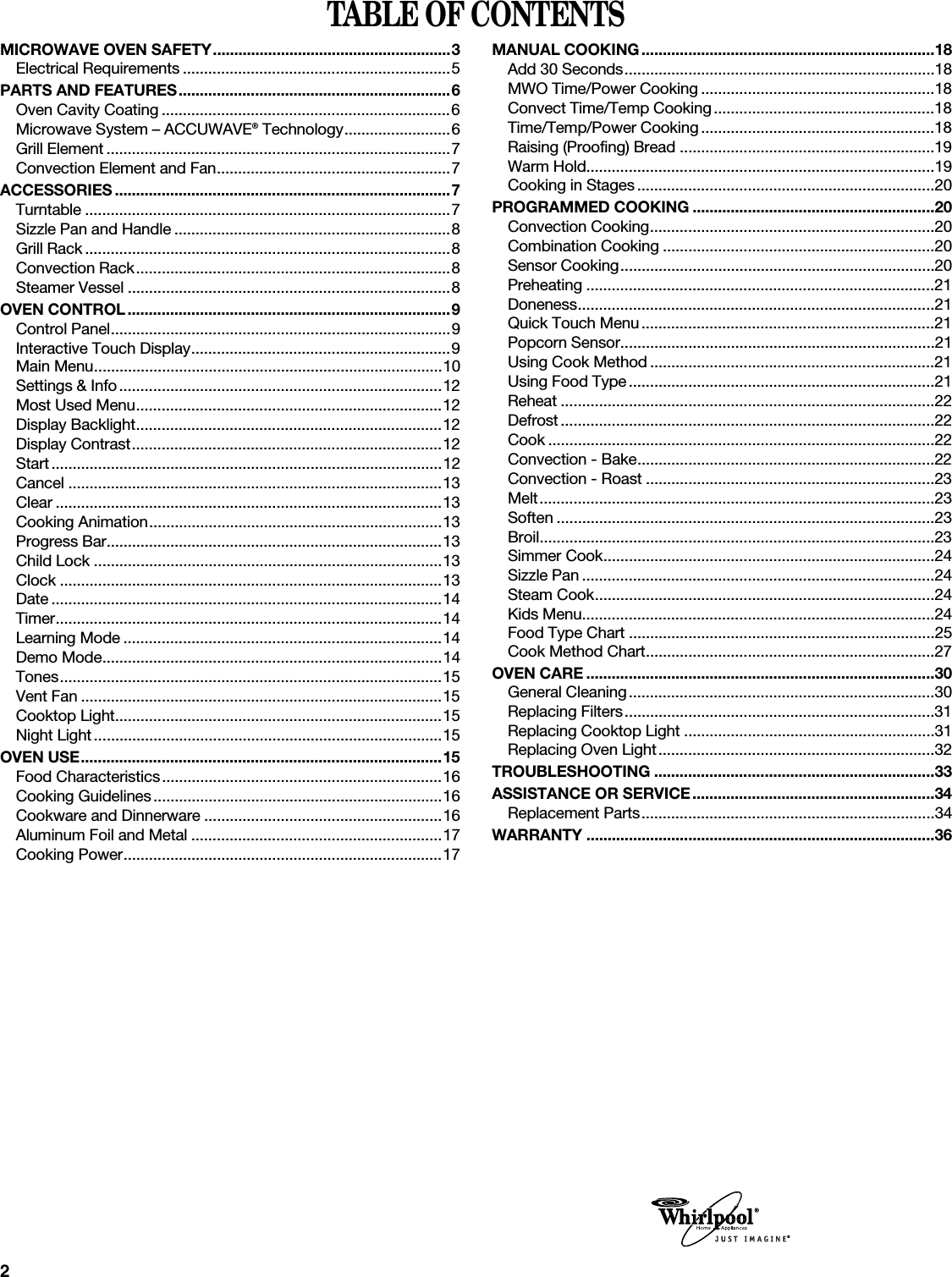 2TABLE OF CONTENTSMICROWAVE OVEN SAFETY........................................................3Electrical Requirements ...............................................................5PARTS AND FEATURES................................................................6Oven Cavity Coating ....................................................................6Microwave System – ACCUWAVE® Technology.........................6Grill Element .................................................................................7Convection Element and Fan.......................................................7ACCESSORIES ...............................................................................7Turntable ......................................................................................7Sizzle Pan and Handle .................................................................8Grill Rack ......................................................................................8Convection Rack..........................................................................8Steamer Vessel ............................................................................8OVEN CONTROL............................................................................9Control Panel................................................................................9Interactive Touch Display.............................................................9Main Menu..................................................................................10Settings &amp; Info............................................................................12Most Used Menu........................................................................12Display Backlight........................................................................12Display Contrast.........................................................................12Start............................................................................................12Cancel ........................................................................................13Clear ...........................................................................................13Cooking Animation.....................................................................13Progress Bar...............................................................................13Child Lock ..................................................................................13Clock ..........................................................................................13Date ............................................................................................14Timer...........................................................................................14Learning Mode ...........................................................................14Demo Mode................................................................................14Tones..........................................................................................15Vent Fan .....................................................................................15Cooktop Light.............................................................................15Night Light..................................................................................15OVEN USE.....................................................................................15Food Characteristics..................................................................16Cooking Guidelines....................................................................16Cookware and Dinnerware ........................................................16Aluminum Foil and Metal ...........................................................17Cooking Power...........................................................................17MANUAL COOKING.....................................................................18Add 30 Seconds.........................................................................18MWO Time/Power Cooking .......................................................18Convect Time/Temp Cooking ....................................................18Time/Temp/Power Cooking .......................................................18Raising (Proofing) Bread ............................................................19Warm Hold..................................................................................19Cooking in Stages ......................................................................20PROGRAMMED COOKING .........................................................20Convection Cooking...................................................................20Combination Cooking ................................................................20Sensor Cooking..........................................................................20Preheating ..................................................................................21Doneness....................................................................................21Quick Touch Menu.....................................................................21Popcorn Sensor..........................................................................21Using Cook Method ...................................................................21Using Food Type........................................................................21Reheat ........................................................................................22Defrost ........................................................................................22Cook ...........................................................................................22Convection - Bake......................................................................22Convection - Roast ....................................................................23Melt.............................................................................................23Soften .........................................................................................23Broil.............................................................................................23Simmer Cook..............................................................................24Sizzle Pan ...................................................................................24Steam Cook................................................................................24Kids Menu...................................................................................24Food Type Chart ........................................................................25Cook Method Chart....................................................................27OVEN CARE ..................................................................................30General Cleaning........................................................................30Replacing Filters.........................................................................31Replacing Cooktop Light ...........................................................31Replacing Oven Light.................................................................32TROUBLESHOOTING ..................................................................33ASSISTANCE OR SERVICE.........................................................34Replacement Parts.....................................................................34WARRANTY ..................................................................................36®