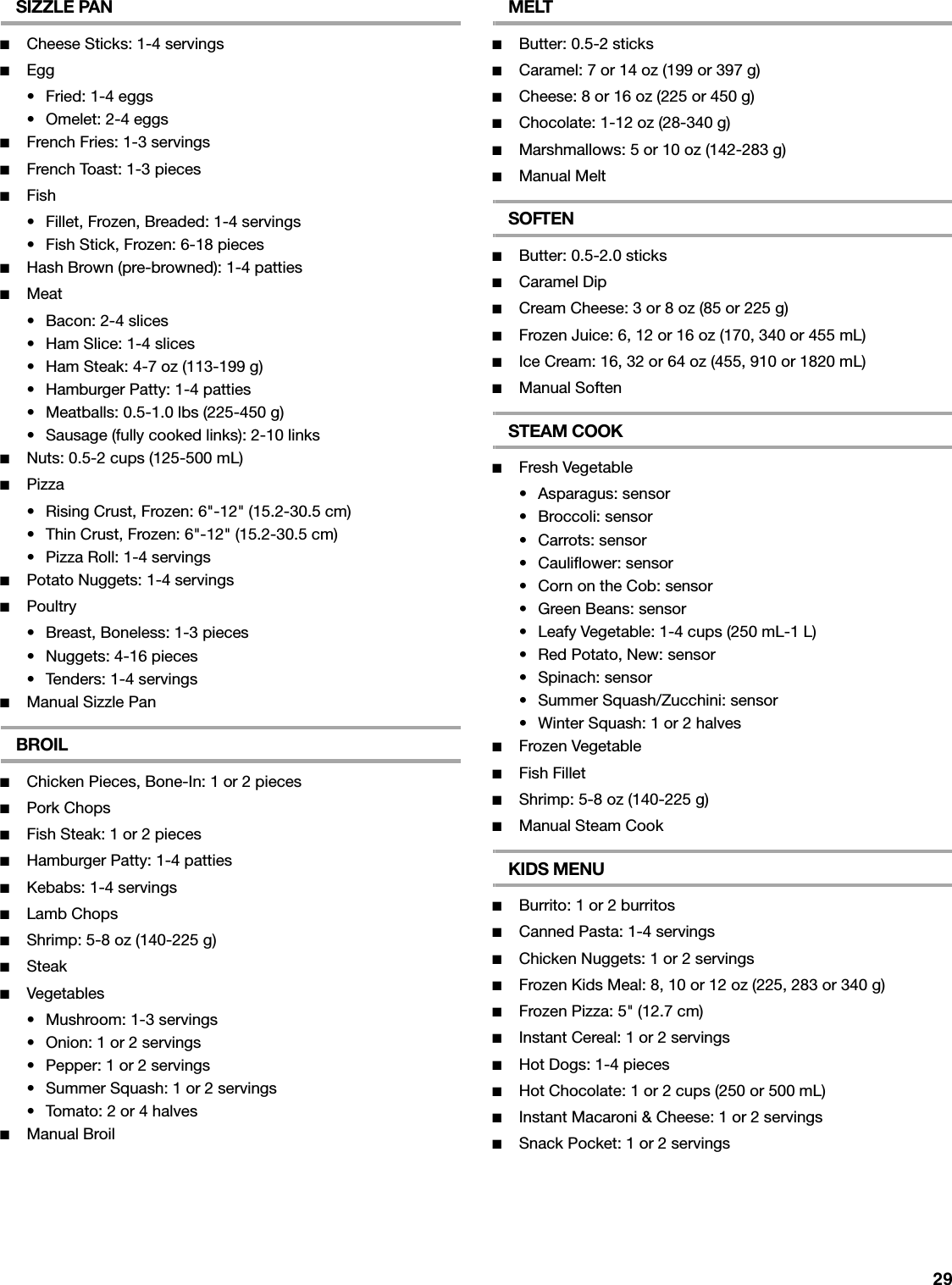 29SIZZLE PAN■Cheese Sticks: 1-4 servings■Egg• Fried: 1-4 eggs• Omelet: 2-4 eggs■French Fries: 1-3 servings■French Toast: 1-3 pieces■Fish• Fillet, Frozen, Breaded: 1-4 servings• Fish Stick, Frozen: 6-18 pieces■Hash Brown (pre-browned): 1-4 patties■Meat• Bacon: 2-4 slices• Ham Slice: 1-4 slices• Ham Steak: 4-7 oz (113-199 g)• Hamburger Patty: 1-4 patties• Meatballs: 0.5-1.0 lbs (225-450 g)• Sausage (fully cooked links): 2-10 links■Nuts: 0.5-2 cups (125-500 mL)■Pizza• Rising Crust, Frozen: 6&quot;-12&quot; (15.2-30.5 cm)• Thin Crust, Frozen: 6&quot;-12&quot; (15.2-30.5 cm)• Pizza Roll: 1-4 servings■Potato Nuggets: 1-4 servings■Poultry• Breast, Boneless: 1-3 pieces• Nuggets: 4-16 pieces• Tenders: 1-4 servings■Manual Sizzle PanBROIL■Chicken Pieces, Bone-In: 1 or 2 pieces■Pork Chops■Fish Steak: 1 or 2 pieces■Hamburger Patty: 1-4 patties■Kebabs: 1-4 servings■Lamb Chops■Shrimp: 5-8 oz (140-225 g)■Steak■Vegetables• Mushroom: 1-3 servings• Onion: 1 or 2 servings• Pepper: 1 or 2 servings• Summer Squash: 1 or 2 servings• Tomato: 2 or 4 halves■Manual BroilMELT■Butter: 0.5-2 sticks■Caramel: 7 or 14 oz (199 or 397 g)■Cheese: 8 or 16 oz (225 or 450 g)■Chocolate: 1-12 oz (28-340 g)■Marshmallows: 5 or 10 oz (142-283 g)■Manual MeltSOFTEN■Butter: 0.5-2.0 sticks■Caramel Dip■Cream Cheese: 3 or 8 oz (85 or 225 g)■Frozen Juice: 6, 12 or 16 oz (170, 340 or 455 mL)■Ice Cream: 16, 32 or 64 oz (455, 910 or 1820 mL)■Manual SoftenSTEAM COOK■Fresh Vegetable• Asparagus: sensor• Broccoli: sensor•Carrots: sensor• Cauliflower: sensor• Corn on the Cob: sensor• Green Beans: sensor• Leafy Vegetable: 1-4 cups (250 mL-1 L)• Red Potato, New: sensor• Spinach: sensor• Summer Squash/Zucchini: sensor• Winter Squash: 1 or 2 halves■Frozen Vegetable■Fish Fillet■Shrimp: 5-8 oz (140-225 g)■Manual Steam CookKIDS MENU■Burrito: 1 or 2 burritos■Canned Pasta: 1-4 servings■Chicken Nuggets: 1 or 2 servings■Frozen Kids Meal: 8, 10 or 12 oz (225, 283 or 340 g)■Frozen Pizza: 5&quot; (12.7 cm)■Instant Cereal: 1 or 2 servings■Hot Dogs: 1-4 pieces■Hot Chocolate: 1 or 2 cups (250 or 500 mL)■Instant Macaroni &amp; Cheese: 1 or 2 servings■Snack Pocket: 1 or 2 servings
