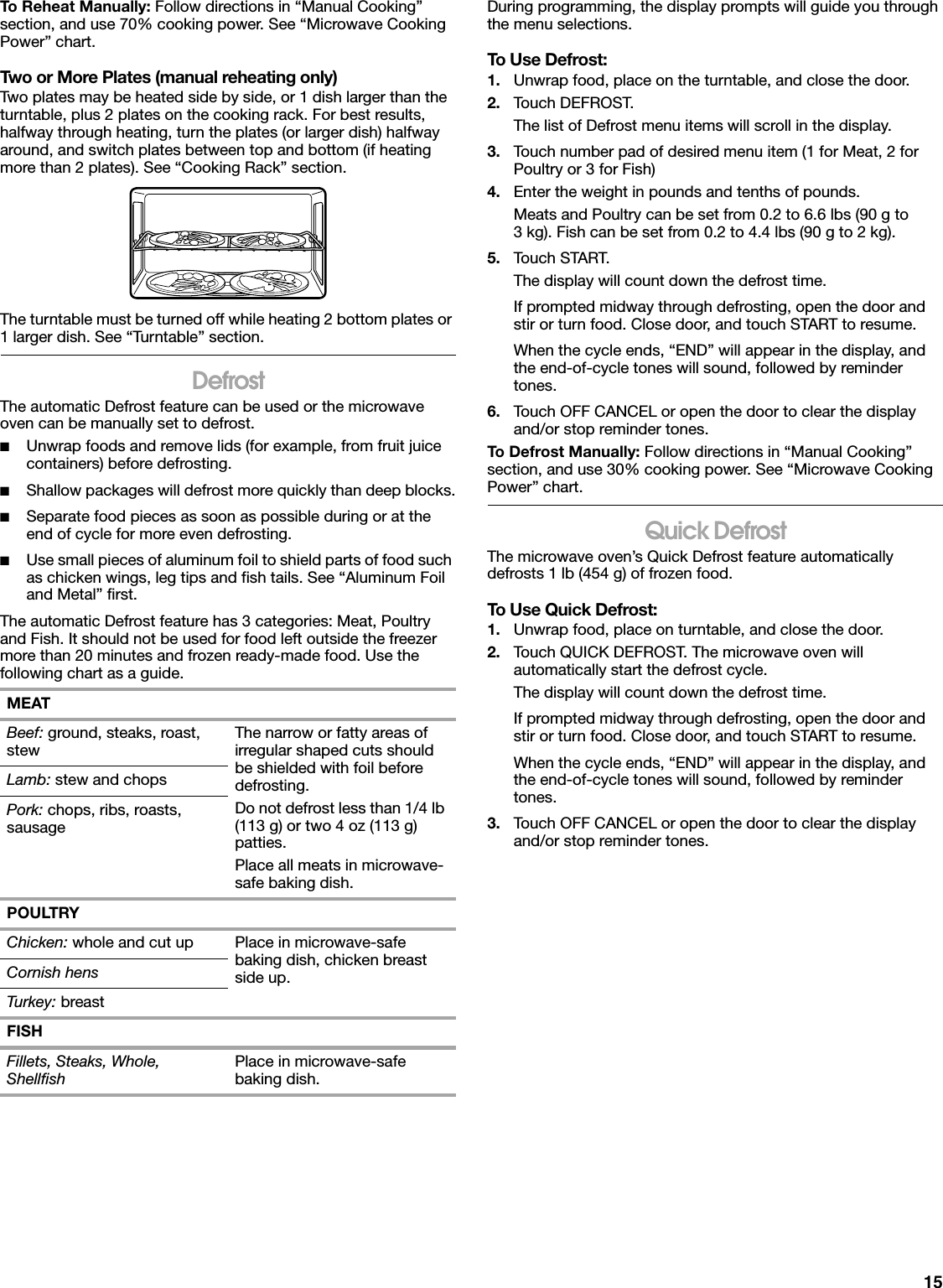 15To Reheat Manually: Follow directions in “Manual Cooking” section, and use 70% cooking power. See “Microwave Cooking Power” chart.Two or More Plates (manual reheating only)Two plates may be heated side by side, or 1 dish larger than the turntable, plus 2 plates on the cooking rack. For best results, halfway through heating, turn the plates (or larger dish) halfway around, and switch plates between top and bottom (if heating more than 2 plates). See “Cooking Rack” section.The turntable must be turned off while heating 2 bottom plates or 1 larger dish. See “Turntable” section.DefrostThe automatic Defrost feature can be used or the microwave oven can be manually set to defrost.■Unwrap foods and remove lids (for example, from fruit juice containers) before defrosting.■Shallow packages will defrost more quickly than deep blocks.■Separate food pieces as soon as possible during or at the end of cycle for more even defrosting.■Use small pieces of aluminum foil to shield parts of food such as chicken wings, leg tips and fish tails. See “Aluminum Foil and Metal” first.The automatic Defrost feature has 3 categories: Meat, Poultry and Fish. It should not be used for food left outside the freezer more than 20 minutes and frozen ready-made food. Use the following chart as a guide.During programming, the display prompts will guide you through the menu selections.To Use Defrost:1. Unwrap food, place on the turntable, and close the door.2. Touch DEFROST.The list of Defrost menu items will scroll in the display.3. Touch number pad of desired menu item (1 for Meat, 2 for Poultry or 3 for Fish)4. Enter the weight in pounds and tenths of pounds.Meats and Poultry can be set from 0.2 to 6.6 lbs (90 g to 3 kg). Fish can be set from 0.2 to 4.4 lbs (90 g to 2 kg).5. Touch START.The display will count down the defrost time.If prompted midway through defrosting, open the door and stir or turn food. Close door, and touch START to resume.When the cycle ends, “END” will appear in the display, and the end-of-cycle tones will sound, followed by reminder tones.6. Touch OFF CANCEL or open the door to clear the display and/or stop reminder tones.To Defrost Manually: Follow directions in “Manual Cooking” section, and use 30% cooking power. See “Microwave Cooking Power” chart.Quick DefrostThe microwave oven’s Quick Defrost feature automatically defrosts 1 lb (454 g) of frozen food.To Use Quick Defrost:1. Unwrap food, place on turntable, and close the door.2. Touch QUICK DEFROST. The microwave oven will automatically start the defrost cycle.The display will count down the defrost time.If prompted midway through defrosting, open the door and stir or turn food. Close door, and touch START to resume.When the cycle ends, “END” will appear in the display, and the end-of-cycle tones will sound, followed by reminder tones.3. Touch OFF CANCEL or open the door to clear the display and/or stop reminder tones.MEATBeef: ground, steaks, roast, stew The narrow or fatty areas of irregular shaped cuts should be shielded with foil before defrosting.Do not defrost less than 1/4 lb (113 g) or two 4 oz (113 g) patties.Place all meats in microwave-safe baking dish.Lamb: stew and chopsPork: chops, ribs, roasts, sausagePOULTRYChicken: whole and cut up Place in microwave-safe baking dish, chicken breast side up.Cornish hensTurkey: breastFISHFillets, Steaks, Whole, Shellfish Place in microwave-safe baking dish.