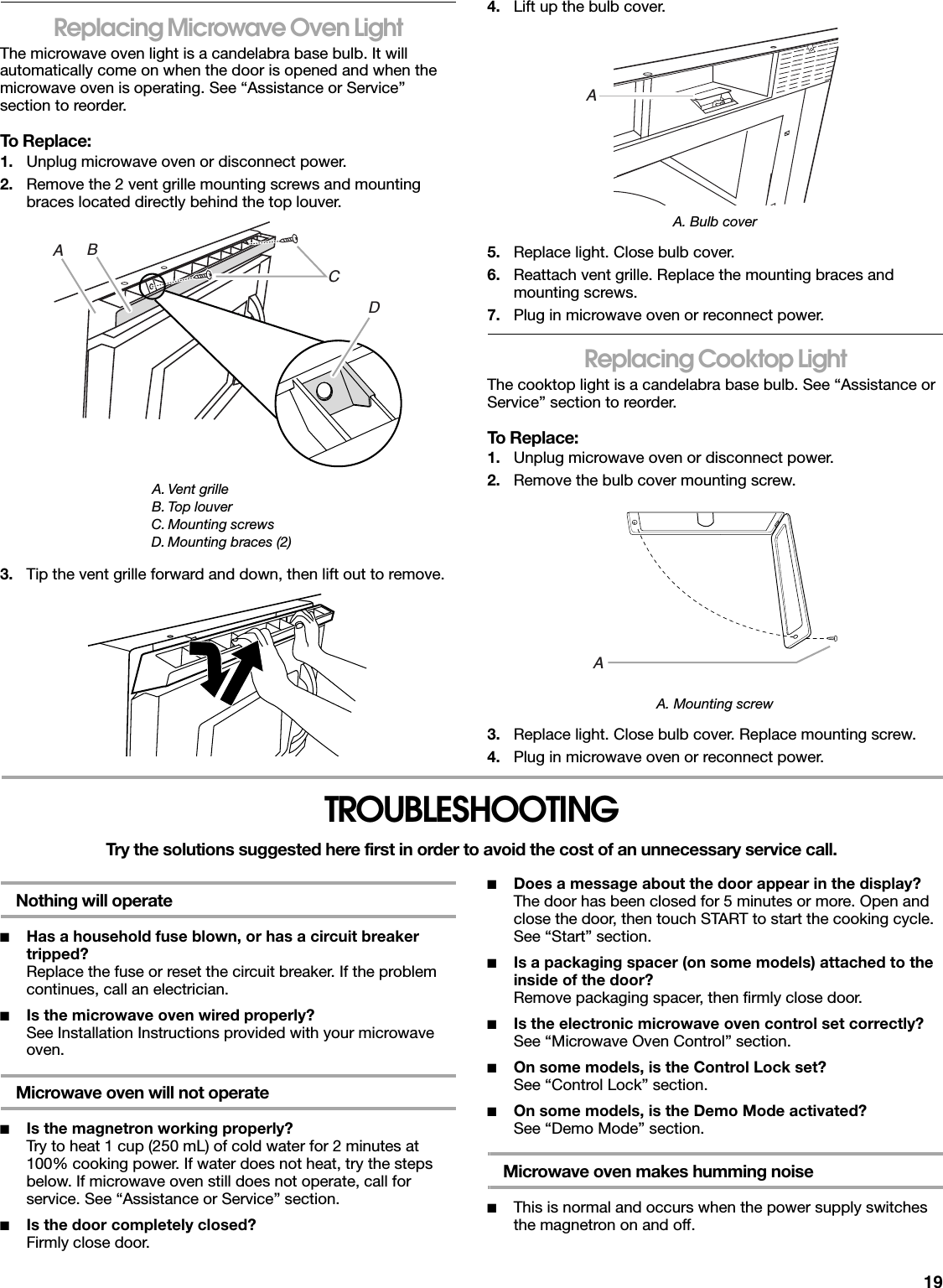 19Replacing Microwave Oven LightThe microwave oven light is a candelabra base bulb. It will automatically come on when the door is opened and when the microwave oven is operating. See “Assistance or Service” section to reorder.To Replace:1. Unplug microwave oven or disconnect power.2. Remove the 2 vent grille mounting screws and mounting braces located directly behind the top louver.3. Tip the vent grille forward and down, then lift out to remove.4. Lift up the bulb cover.A. Bulb cover5. Replace light. Close bulb cover.6. Reattach vent grille. Replace the mounting braces and mounting screws.7. Plug in microwave oven or reconnect power.Replacing Cooktop LightThe cooktop light is a candelabra base bulb. See “Assistance or Service” section to reorder.To Replace:1. Unplug microwave oven or disconnect power.2. Remove the bulb cover mounting screw.A. Mounting screw3. Replace light. Close bulb cover. Replace mounting screw.4. Plug in microwave oven or reconnect power.TROUBLESHOOTINGTry the solutions suggested here first in order to avoid the cost of an unnecessary service call.Nothing will operate■Has a household fuse blown, or has a circuit breaker tripped?Replace the fuse or reset the circuit breaker. If the problem continues, call an electrician.■Is the microwave oven wired properly?See Installation Instructions provided with your microwave oven.Microwave oven will not operate■Is the magnetron working properly?Try to heat 1 cup (250 mL) of cold water for 2 minutes at 100% cooking power. If water does not heat, try the steps below. If microwave oven still does not operate, call for service. See “Assistance or Service” section.■Is the door completely closed?Firmly close door.■Does a message about the door appear in the display?The door has been closed for 5 minutes or more. Open and close the door, then touch START to start the cooking cycle. See “Start” section.■Is a packaging spacer (on some models) attached to the inside of the door?Remove packaging spacer, then firmly close door.■Is the electronic microwave oven control set correctly?See “Microwave Oven Control” section.■On some models, is the Control Lock set?See “Control Lock” section.■On some models, is the Demo Mode activated?See “Demo Mode” section.Microwave oven makes humming noise■This is normal and occurs when the power supply switches the magnetron on and off.A. Vent grilleB. Top louverC. Mounting screwsD. Mounting braces (2)ACDBAA