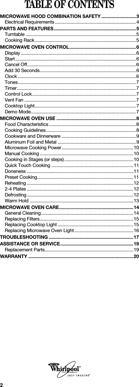 2TABLE OF CONTENTSMICROWAVE HOOD COMBINATION SAFETY ...........................3Electrical Requirements ...............................................................4PARTS AND FEATURES................................................................5Turntable ......................................................................................5Cooking Rack...............................................................................5MICROWAVE OVEN CONTROL....................................................6Display..........................................................................................6Start..............................................................................................6Cancel Off.....................................................................................6Add 30 Seconds...........................................................................6Clock ............................................................................................6Tones............................................................................................7Timer.............................................................................................7Control Lock.................................................................................7Vent Fan .......................................................................................7Cooktop Light...............................................................................7Demo Mode..................................................................................7MICROWAVE OVEN USE ..............................................................8Food Characteristics....................................................................8Cooking Guidelines......................................................................8Cookware and Dinnerware ..........................................................9Aluminum Foil and Metal .............................................................9Microwave Cooking Power........................................................10Manual Cooking .........................................................................10Cooking in Stages (or steps)......................................................10Quick Touch Cooking ................................................................11Doneness ...................................................................................11Preset Cooking...........................................................................11Reheating ...................................................................................122-4 Plates ...................................................................................12Defrosting...................................................................................12Warm Hold .................................................................................13MICROWAVE OVEN CARE..........................................................14General Cleaning........................................................................14Replacing Filters.........................................................................15Replacing Cooktop Light ...........................................................15Replacing Microwave Oven Light..............................................16TROUBLESHOOTING ..................................................................17ASSISTANCE OR SERVICE.........................................................19Replacement Parts.....................................................................19WARRANTY ..................................................................................20®