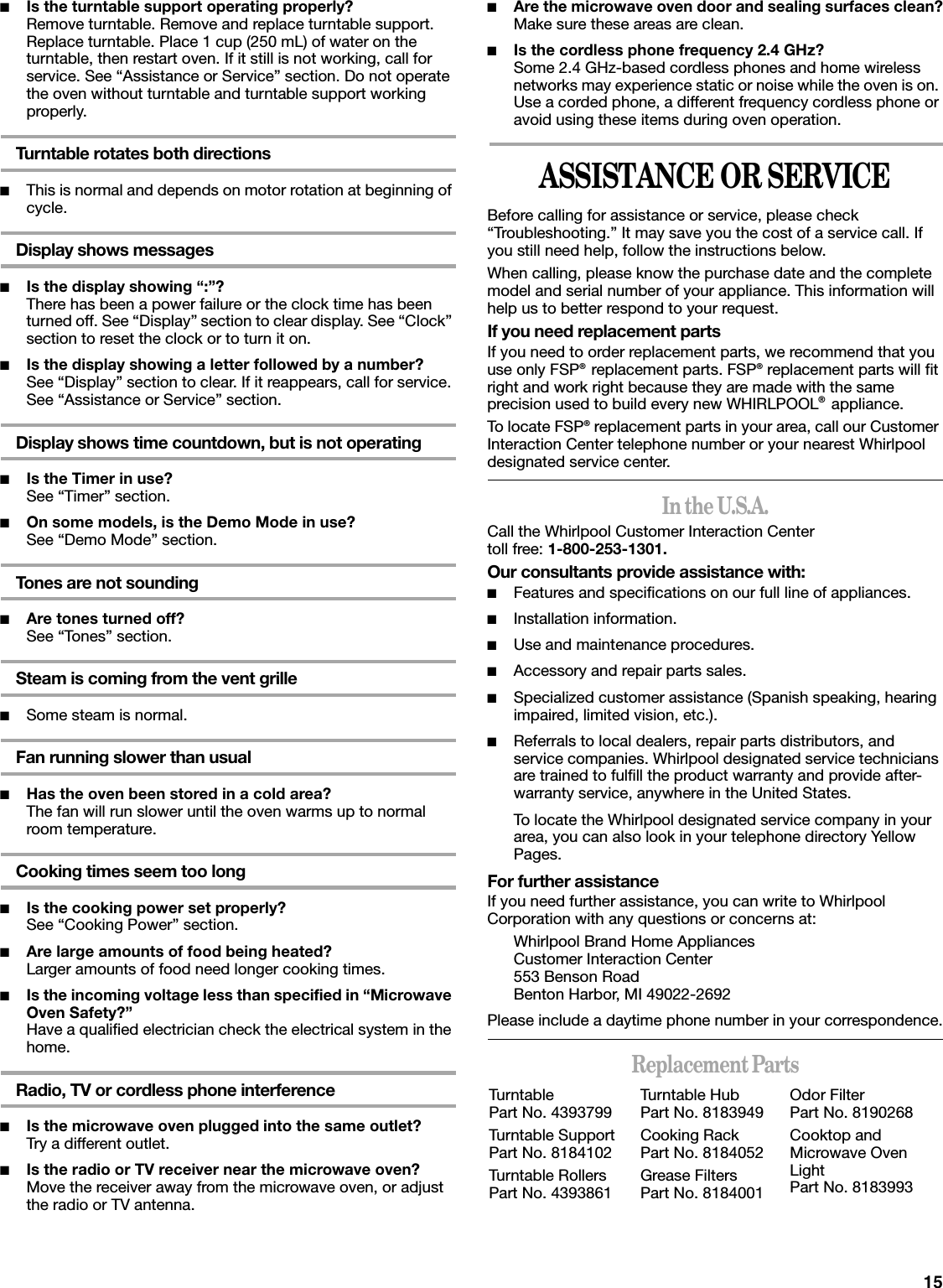 15■Is the turntable support operating properly?Remove turntable. Remove and replace turntable support. Replace turntable. Place 1 cup (250 mL) of water on the turntable, then restart oven. If it still is not working, call for service. See “Assistance or Service” section. Do not operate the oven without turntable and turntable support working properly.Turntable rotates both directions■This is normal and depends on motor rotation at beginning of cycle.Display shows messages■Is the display showing “:”?There has been a power failure or the clock time has been turned off. See “Display” section to clear display. See “Clock” section to reset the clock or to turn it on.■Is the display showing a letter followed by a number?See “Display” section to clear. If it reappears, call for service. See “Assistance or Service” section.Display shows time countdown, but is not operating■Is the Timer in use?See “Timer” section.■On some models, is the Demo Mode in use?See “Demo Mode” section.Tones are not sounding■Are tones turned off?See “Tones” section.Steam is coming from the vent grille■Some steam is normal.Fan running slower than usual■Has the oven been stored in a cold area? The fan will run slower until the oven warms up to normal room temperature.Cooking times seem too long■Is the cooking power set properly?See “Cooking Power” section.■Are large amounts of food being heated?Larger amounts of food need longer cooking times.■Is the incoming voltage less than specified in “Microwave Oven Safety?”Have a qualified electrician check the electrical system in the home.Radio, TV or cordless phone interference■Is the microwave oven plugged into the same outlet?Try a different outlet.■Is the radio or TV receiver near the microwave oven?Move the receiver away from the microwave oven, or adjust the radio or TV antenna.■Are the microwave oven door and sealing surfaces clean?Make sure these areas are clean.■Is the cordless phone frequency 2.4 GHz?Some 2.4 GHz-based cordless phones and home wireless networks may experience static or noise while the oven is on. Use a corded phone, a different frequency cordless phone or avoid using these items during oven operation.ASSISTANCE OR SERVICEBefore calling for assistance or service, please check “Troubleshooting.” It may save you the cost of a service call. If you still need help, follow the instructions below.When calling, please know the purchase date and the complete model and serial number of your appliance. This information will help us to better respond to your request.If you need replacement partsIf you need to order replacement parts, we recommend that you use only FSP® replacement parts. FSP® replacement parts will fit right and work right because they are made with the same precision used to build every new WHIRLPOOL® appliance. To locate FSP® replacement parts in your area, call our Customer Interaction Center telephone number or your nearest Whirlpool designated service center.In the U.S.A.Call the Whirlpool Customer Interaction Center toll free: 1-800-253-1301.Our consultants provide assistance with:■Features and specifications on our full line of appliances.■Installation information.■Use and maintenance procedures.■Accessory and repair parts sales.■Specialized customer assistance (Spanish speaking, hearing impaired, limited vision, etc.).■Referrals to local dealers, repair parts distributors, and service companies. Whirlpool designated service technicians are trained to fulfill the product warranty and provide after-warranty service, anywhere in the United States.To locate the Whirlpool designated service company in your area, you can also look in your telephone directory Yellow Pages.For further assistanceIf you need further assistance, you can write to Whirlpool Corporation with any questions or concerns at:Whirlpool Brand Home AppliancesCustomer Interaction Center553 Benson RoadBenton Harbor, MI 49022-2692Please include a daytime phone number in your correspondence.Replacement PartsTurntablePart No. 4393799Turntable SupportPart No. 8184102Turntable RollersPart No. 4393861Turntable HubPart No. 8183949Cooking RackPart No. 8184052Grease FiltersPart No. 8184001Odor FilterPart No. 8190268Cooktop and Microwave Oven LightPart No. 8183993