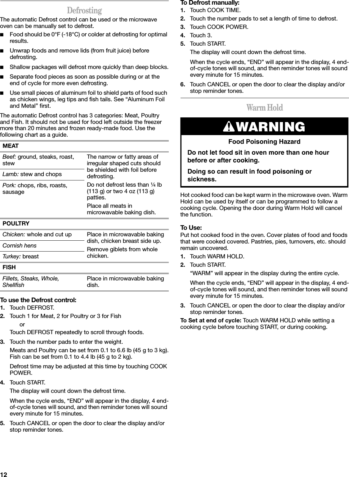 12DefrostingThe automatic Defrost control can be used or the microwave oven can be manually set to defrost.■Food should be 0°F (-18°C) or colder at defrosting for optimal results.■Unwrap foods and remove lids (from fruit juice) before defrosting.■Shallow packages will defrost more quickly than deep blocks.■Separate food pieces as soon as possible during or at the end of cycle for more even defrosting.■Use small pieces of aluminum foil to shield parts of food such as chicken wings, leg tips and fish tails. See “Aluminum Foil and Metal” first.The automatic Defrost control has 3 categories: Meat, Poultry and Fish. It should not be used for food left outside the freezer more than 20 minutes and frozen ready-made food. Use the following chart as a guide.To use the Defrost control:1. Touch DEFROST.2. Touch 1 for Meat, 2 for Poultry or 3 for FishorTouch DEFROST repeatedly to scroll through foods.3. Touch the number pads to enter the weight.Meats and Poultry can be set from 0.1 to 6.6 lb (45 g to 3 kg).Fish can be set from 0.1 to 4.4 lb (45 g to 2 kg).Defrost time may be adjusted at this time by touching COOK POWER.4. Touch START.The display will count down the defrost time.When the cycle ends, “END” will appear in the display, 4 end-of-cycle tones will sound, and then reminder tones will sound every minute for 15 minutes.5. Touch CANCEL or open the door to clear the display and/or stop reminder tones.To Defrost manually:1. Touch COOK TIME.2. Touch the number pads to set a length of time to defrost.3. Touch COOK POWER.4. Touch 3.5. Touch START.The display will count down the defrost time.When the cycle ends, “END” will appear in the display, 4 end-of-cycle tones will sound, and then reminder tones will sound every minute for 15 minutes.6. Touch CANCEL or open the door to clear the display and/or stop reminder tones.Warm HoldHot cooked food can be kept warm in the microwave oven. Warm Hold can be used by itself or can be programmed to follow a cooking cycle. Opening the door during Warm Hold will cancel the function.To Use:Put hot cooked food in the oven. Cover plates of food and foods that were cooked covered. Pastries, pies, turnovers, etc. should remain uncovered.1. Touch WARM HOLD.2. Touch START.“WARM” will appear in the display during the entire cycle.When the cycle ends, “END” will appear in the display, 4 end-of-cycle tones will sound, and then reminder tones will sound every minute for 15 minutes.3. Touch CANCEL or open the door to clear the display and/or stop reminder tones.To Set at end of cycle: Touch WARM HOLD while setting a cooking cycle before touching START, or during cooking.MEATBeef: ground, steaks, roast, stew The narrow or fatty areas of irregular shaped cuts should be shielded with foil before defrosting.Do not defrost less than ¹⁄₄ lb (113 g) or two 4 oz (113 g) patties.Place all meats in microwavable baking dish.Lamb: stew and chopsPork: chops, ribs, roasts, sausagePOULTRYChicken: whole and cut up Place in microwavable baking dish, chicken breast side up.Remove giblets from whole chicken.Cornish hensTurkey: breastFISHFillets, Steaks, Whole, Shellfish Place in microwavable baking dish.WARNINGFood Poisoning HazardDo not let food sit in oven more than one hour before or after cooking.Doing so can result in food poisoning or sickness.