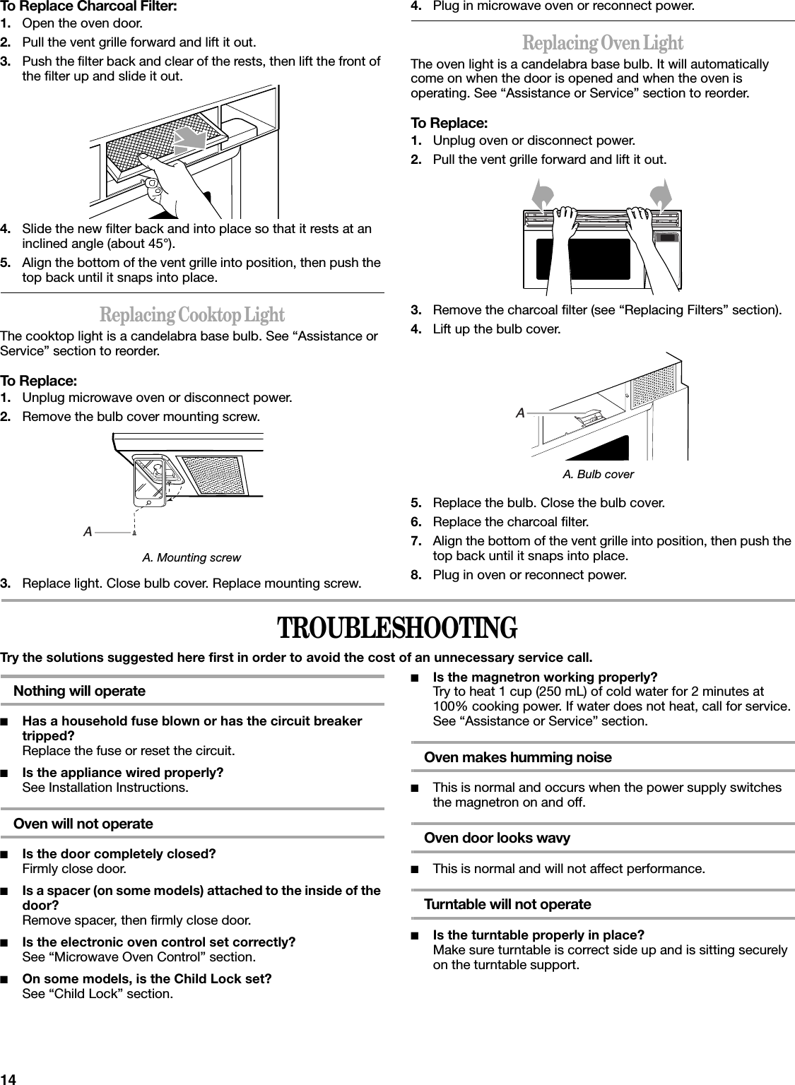 14To Replace Charcoal Filter:1. Open the oven door. 2. Pull the vent grille forward and lift it out.3. Push the filter back and clear of the rests, then lift the front of the filter up and slide it out.4. Slide the new filter back and into place so that it rests at an inclined angle (about 45°).5. Align the bottom of the vent grille into position, then push the top back until it snaps into place.Replacing Cooktop LightThe cooktop light is a candelabra base bulb. See “Assistance or Service” section to reorder.To Replace:1. Unplug microwave oven or disconnect power.2. Remove the bulb cover mounting screw.A. Mounting screw3. Replace light. Close bulb cover. Replace mounting screw.4. Plug in microwave oven or reconnect power.Replacing Oven LightThe oven light is a candelabra base bulb. It will automatically come on when the door is opened and when the oven is operating. See “Assistance or Service” section to reorder.To Replace:1. Unplug oven or disconnect power.2. Pull the vent grille forward and lift it out.3. Remove the charcoal filter (see “Replacing Filters” section).4. Lift up the bulb cover.5. Replace the bulb. Close the bulb cover.6. Replace the charcoal filter.7. Align the bottom of the vent grille into position, then push the top back until it snaps into place.8. Plug in oven or reconnect power.TROUBLESHOOTINGTry the solutions suggested here first in order to avoid the cost of an unnecessary service call.Nothing will operate■Has a household fuse blown or has the circuit breaker tripped?Replace the fuse or reset the circuit.■Is the appliance wired properly?See Installation Instructions.Oven will not operate■Is the door completely closed?Firmly close door.■Is a spacer (on some models) attached to the inside of the door?Remove spacer, then firmly close door.■Is the electronic oven control set correctly?See “Microwave Oven Control” section.■On some models, is the Child Lock set?See “Child Lock” section.■Is the magnetron working properly?Try to heat 1 cup (250 mL) of cold water for 2 minutes at 100% cooking power. If water does not heat, call for service. See “Assistance or Service” section.Oven makes humming noise■This is normal and occurs when the power supply switches the magnetron on and off.Oven door looks wavy■This is normal and will not affect performance.Turntable will not operate■Is the turntable properly in place?Make sure turntable is correct side up and is sitting securely on the turntable support.AA. Bulb coverA