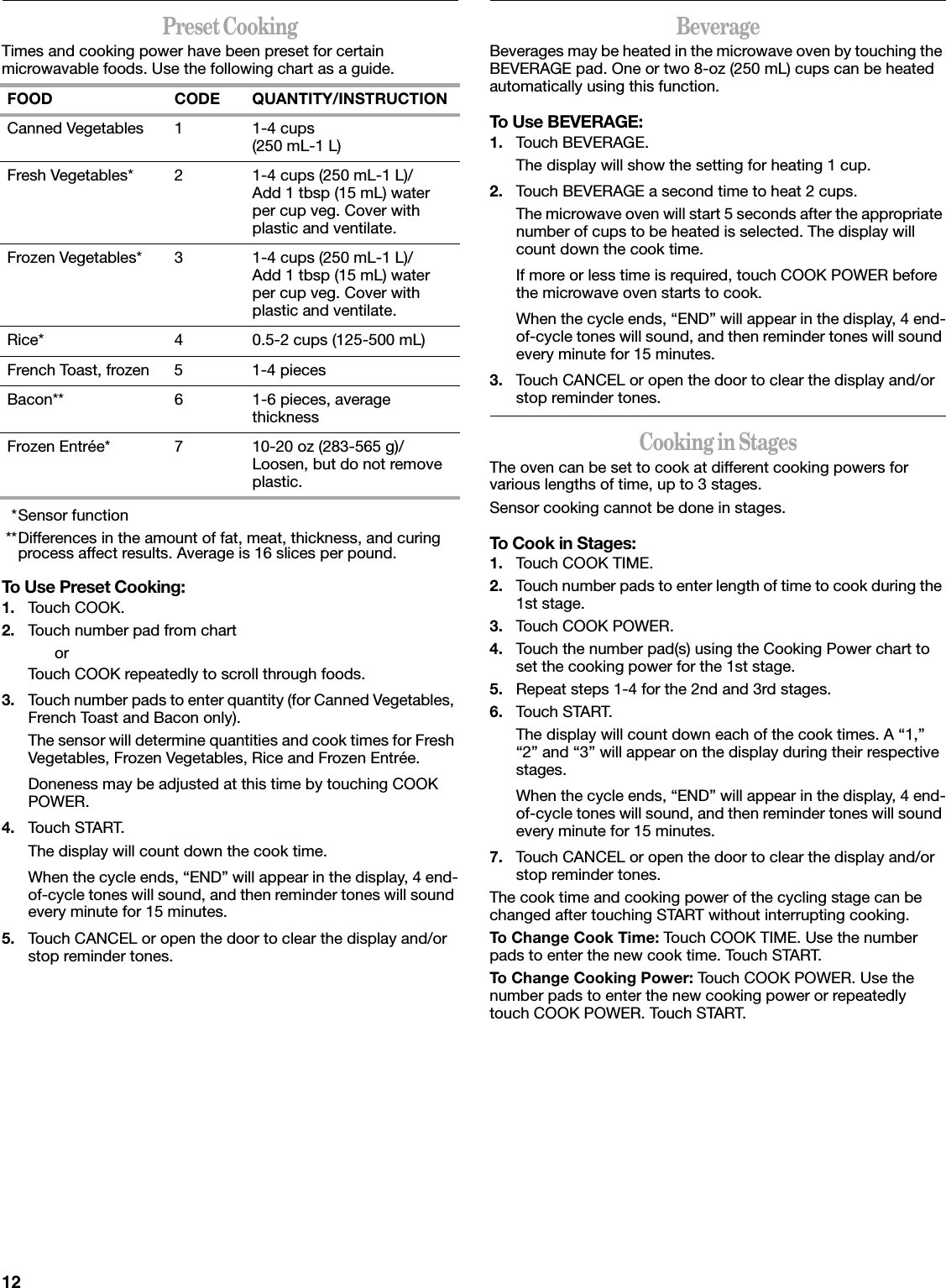 12Preset CookingTimes and cooking power have been preset for certain microwavable foods. Use the following chart as a guide.*Sensor function**Differences in the amount of fat, meat, thickness, and curing process affect results. Average is 16 slices per pound.To Use Preset Cooking:1. Touch COOK.2. Touch number pad from chartorTouch COOK repeatedly to scroll through foods.3. Touch number pads to enter quantity (for Canned Vegetables, French Toast and Bacon only).The sensor will determine quantities and cook times for Fresh Vegetables, Frozen Vegetables, Rice and Frozen Entrée.Doneness may be adjusted at this time by touching COOK POWER.4. Touch START.The display will count down the cook time.When the cycle ends, “END” will appear in the display, 4 end-of-cycle tones will sound, and then reminder tones will sound every minute for 15 minutes.5. Touch CANCEL or open the door to clear the display and/or stop reminder tones.BeverageBeverages may be heated in the microwave oven by touching the BEVERAGE pad. One or two 8-oz (250 mL) cups can be heated automatically using this function.To Use BEVERAGE:1. Touch BEVERAGE.The display will show the setting for heating 1 cup.2. Touch BEVERAGE a second time to heat 2 cups.The microwave oven will start 5 seconds after the appropriate number of cups to be heated is selected. The display will count down the cook time.If more or less time is required, touch COOK POWER before the microwave oven starts to cook.When the cycle ends, “END” will appear in the display, 4 end-of-cycle tones will sound, and then reminder tones will sound every minute for 15 minutes.3. Touch CANCEL or open the door to clear the display and/or stop reminder tones.Cooking in StagesThe oven can be set to cook at different cooking powers for various lengths of time, up to 3 stages.Sensor cooking cannot be done in stages.To Cook in Stages:1. Touch COOK TIME.2. Touch number pads to enter length of time to cook during the 1st stage.3. Touch COOK POWER.4. Touch the number pad(s) using the Cooking Power chart to set the cooking power for the 1st stage.5. Repeat steps 1-4 for the 2nd and 3rd stages.6. Touch START.The display will count down each of the cook times. A “1,” “2” and “3” will appear on the display during their respective stages.When the cycle ends, “END” will appear in the display, 4 end-of-cycle tones will sound, and then reminder tones will sound every minute for 15 minutes.7. Touch CANCEL or open the door to clear the display and/or stop reminder tones.The cook time and cooking power of the cycling stage can be changed after touching START without interrupting cooking.To Change Cook Time: Touch COOK TIME. Use the number pads to enter the new cook time. Touch START.To Change Cooking Power: Touch COOK POWER. Use the number pads to enter the new cooking power or repeatedly touch COOK POWER. Touch START.FOOD CODE QUANTITY/INSTRUCTIONCanned Vegetables 1 1-4 cups(250 mL-1 L)Fresh Vegetables* 2 1-4 cups (250 mL-1 L)/Add 1 tbsp (15 mL) water per cup veg. Cover with plastic and ventilate.Frozen Vegetables* 3 1-4 cups (250 mL-1 L)/Add 1 tbsp (15 mL) water per cup veg. Cover with plastic and ventilate.Rice* 4 0.5-2 cups (125-500 mL)French Toast, frozen 5 1-4 piecesBacon** 6 1-6 pieces, average thicknessFrozen Entrée* 7 10-20 oz (283-565 g)/Loosen, but do not remove plastic.