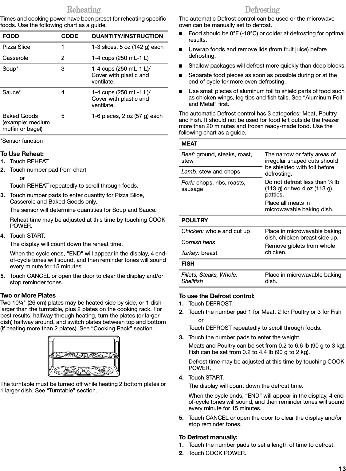 13ReheatingTimes and cooking power have been preset for reheating specific foods. Use the following chart as a guide.*Sensor functionTo Use Reheat:1. Touch REHEAT.2. Touch number pad from chartorTouch REHEAT repeatedly to scroll through foods.3. Touch number pads to enter quantity for Pizza Slice, Casserole and Baked Goods only.The sensor will determine quantities for Soup and Sauce.Reheat time may be adjusted at this time by touching COOK POWER.4. Touch START.The display will count down the reheat time.When the cycle ends, “END” will appear in the display, 4 end-of-cycle tones will sound, and then reminder tones will sound every minute for 15 minutes.5. Touch CANCEL or open the door to clear the display and/or stop reminder tones.Two or More PlatesTwo 10¼&quot; (26 cm) plates may be heated side by side, or 1 dish larger than the turntable, plus 2 plates on the cooking rack. For best results, halfway through heating, turn the plates (or larger dish) halfway around, and switch plates between top and bottom (if heating more than 2 plates). See “Cooking Rack” section.The turntable must be turned off while heating 2 bottom plates or 1 larger dish. See “Turntable” section.DefrostingThe automatic Defrost control can be used or the microwave oven can be manually set to defrost.■Food should be 0°F (-18°C) or colder at defrosting for optimal results.■Unwrap foods and remove lids (from fruit juice) before defrosting.■Shallow packages will defrost more quickly than deep blocks.■Separate food pieces as soon as possible during or at the end of cycle for more even defrosting.■Use small pieces of aluminum foil to shield parts of food such as chicken wings, leg tips and fish tails. See “Aluminum Foil and Metal” first.The automatic Defrost control has 3 categories: Meat, Poultry and Fish. It should not be used for food left outside the freezer more than 20 minutes and frozen ready-made food. Use the following chart as a guide.To use the Defrost control:1. Touch DEFROST.2. Touch the number pad 1 for Meat, 2 for Poultry or 3 for FishorTouch DEFROST repeatedly to scroll through foods.3. Touch the number pads to enter the weight.Meats and Poultry can be set from 0.2 to 6.6 lb (90 g to 3 kg).Fish can be set from 0.2 to 4.4 lb (90 g to 2 kg).Defrost time may be adjusted at this time by touching COOK POWER.4. Touch START.The display will count down the defrost time.When the cycle ends, “END” will appear in the display, 4 end-of-cycle tones will sound, and then reminder tones will sound every minute for 15 minutes.5. Touch CANCEL or open the door to clear the display and/or stop reminder tones.To Defrost manually:1. Touch the number pads to set a length of time to defrost.2. Touch COOK POWER.FOOD CODE QUANTITY/INSTRUCTIONPizza Slice 1 1-3 slices, 5 oz (142 g) eachCasserole 2 1-4 cups (250 mL-1 L)Soup* 3 1-4 cups (250 mL-1 L)/Cover with plastic and ventilate.Sauce* 4 1-4 cups (250 mL-1 L)/Cover with plastic and ventilate.Baked Goods (example: medium muffin or bagel)5 1-6 pieces, 2 oz (57 g) eachMEATBeef: ground, steaks, roast, stew The narrow or fatty areas of irregular shaped cuts should be shielded with foil before defrosting.Do not defrost less than ¹⁄₄ lb (113 g) or two 4 oz (113 g) patties.Place all meats in microwavable baking dish.Lamb: stew and chopsPork: chops, ribs, roasts, sausagePOULTRYChicken: whole and cut up Place in microwavable baking dish, chicken breast side up.Remove giblets from whole chicken.Cornish hensTurkey: breastFISHFillets, Steaks, Whole, Shellfish Place in microwavable baking dish.