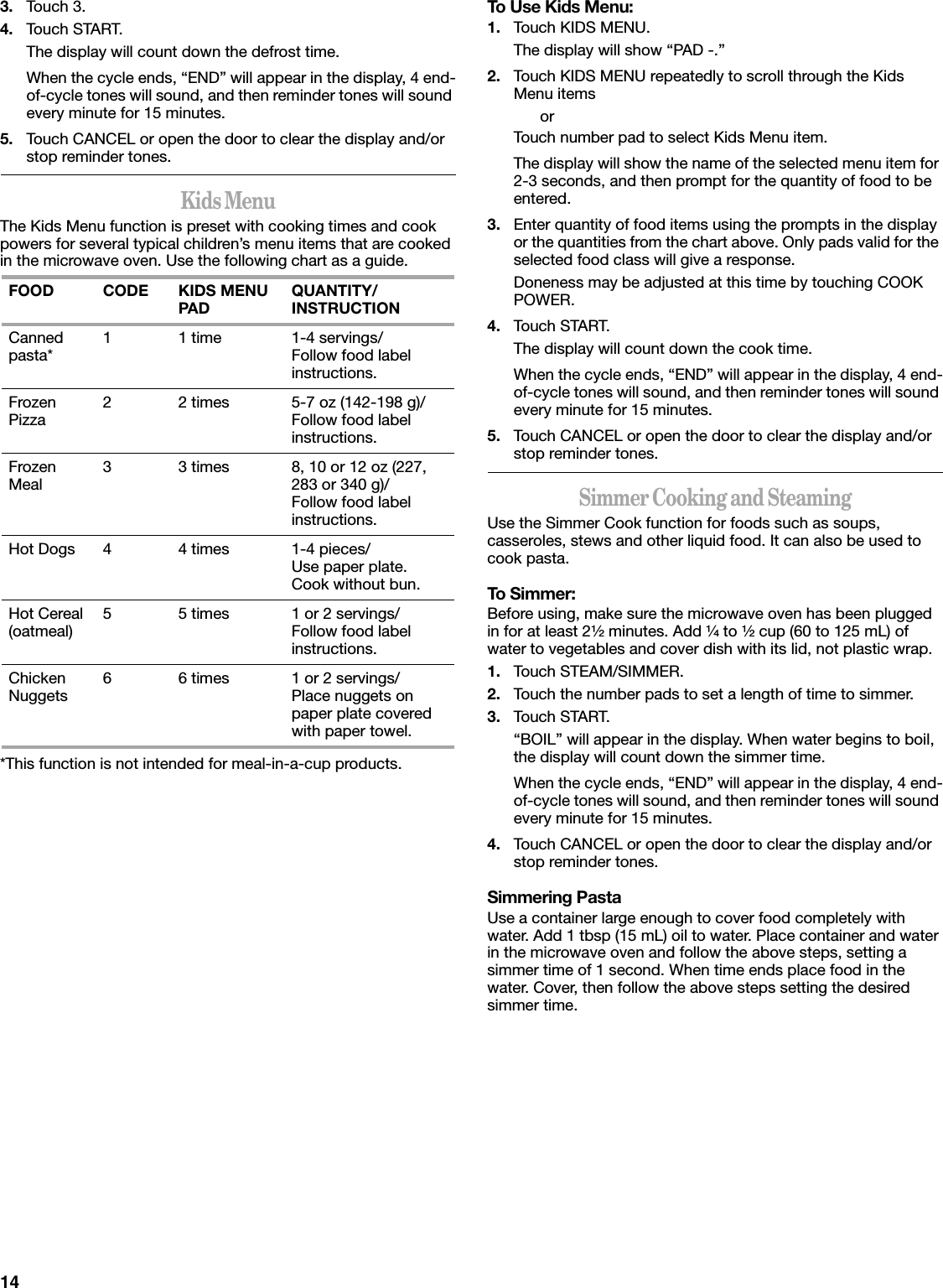 143. Touch 3.4. Touch START.The display will count down the defrost time.When the cycle ends, “END” will appear in the display, 4 end-of-cycle tones will sound, and then reminder tones will sound every minute for 15 minutes.5. Touch CANCEL or open the door to clear the display and/or stop reminder tones.Kids MenuThe Kids Menu function is preset with cooking times and cook powers for several typical children’s menu items that are cooked in the microwave oven. Use the following chart as a guide.*This function is not intended for meal-in-a-cup products.To Use Kids Menu:1. Touch KIDS MENU.The display will show “PAD -.”2. Touch KIDS MENU repeatedly to scroll through the Kids Menu itemsorTouch number pad to select Kids Menu item.The display will show the name of the selected menu item for 2-3 seconds, and then prompt for the quantity of food to be entered.3. Enter quantity of food items using the prompts in the display or the quantities from the chart above. Only pads valid for the selected food class will give a response.Doneness may be adjusted at this time by touching COOK POWER.4. Touch START.The display will count down the cook time.When the cycle ends, “END” will appear in the display, 4 end-of-cycle tones will sound, and then reminder tones will sound every minute for 15 minutes.5. Touch CANCEL or open the door to clear the display and/or stop reminder tones.Simmer Cooking and SteamingUse the Simmer Cook function for foods such as soups, casseroles, stews and other liquid food. It can also be used to cook pasta.To Simmer:Before using, make sure the microwave oven has been plugged in for at least 2¹⁄₂ minutes. Add ¹⁄₄ to ¹⁄₂ cup (60 to 125 mL) of water to vegetables and cover dish with its lid, not plastic wrap.1. Touch STEAM/SIMMER.2. Touch the number pads to set a length of time to simmer.3. Touch START.“BOIL” will appear in the display. When water begins to boil, the display will count down the simmer time.When the cycle ends, “END” will appear in the display, 4 end-of-cycle tones will sound, and then reminder tones will sound every minute for 15 minutes.4. Touch CANCEL or open the door to clear the display and/or stop reminder tones.Simmering PastaUse a container large enough to cover food completely with water. Add 1 tbsp (15 mL) oil to water. Place container and water in the microwave oven and follow the above steps, setting a simmer time of 1 second. When time ends place food in the water. Cover, then follow the above steps setting the desired simmer time.FOOD CODE KIDS MENU PAD QUANTITY/INSTRUCTIONCanned pasta* 1 1 time 1-4 servings/Follow food label instructions.Frozen Pizza 2 2 times 5-7 oz (142-198 g)/Follow food label instructions.Frozen Meal 3 3 times 8, 10 or 12 oz (227, 283 or 340 g)/Follow food label instructions.Hot Dogs 4 4 times 1-4 pieces/Use paper plate. Cook without bun.Hot Cereal (oatmeal) 5 5 times 1 or 2 servings/Follow food label instructions.Chicken Nuggets 6 6 times 1 or 2 servings/Place nuggets on paper plate covered with paper towel.
