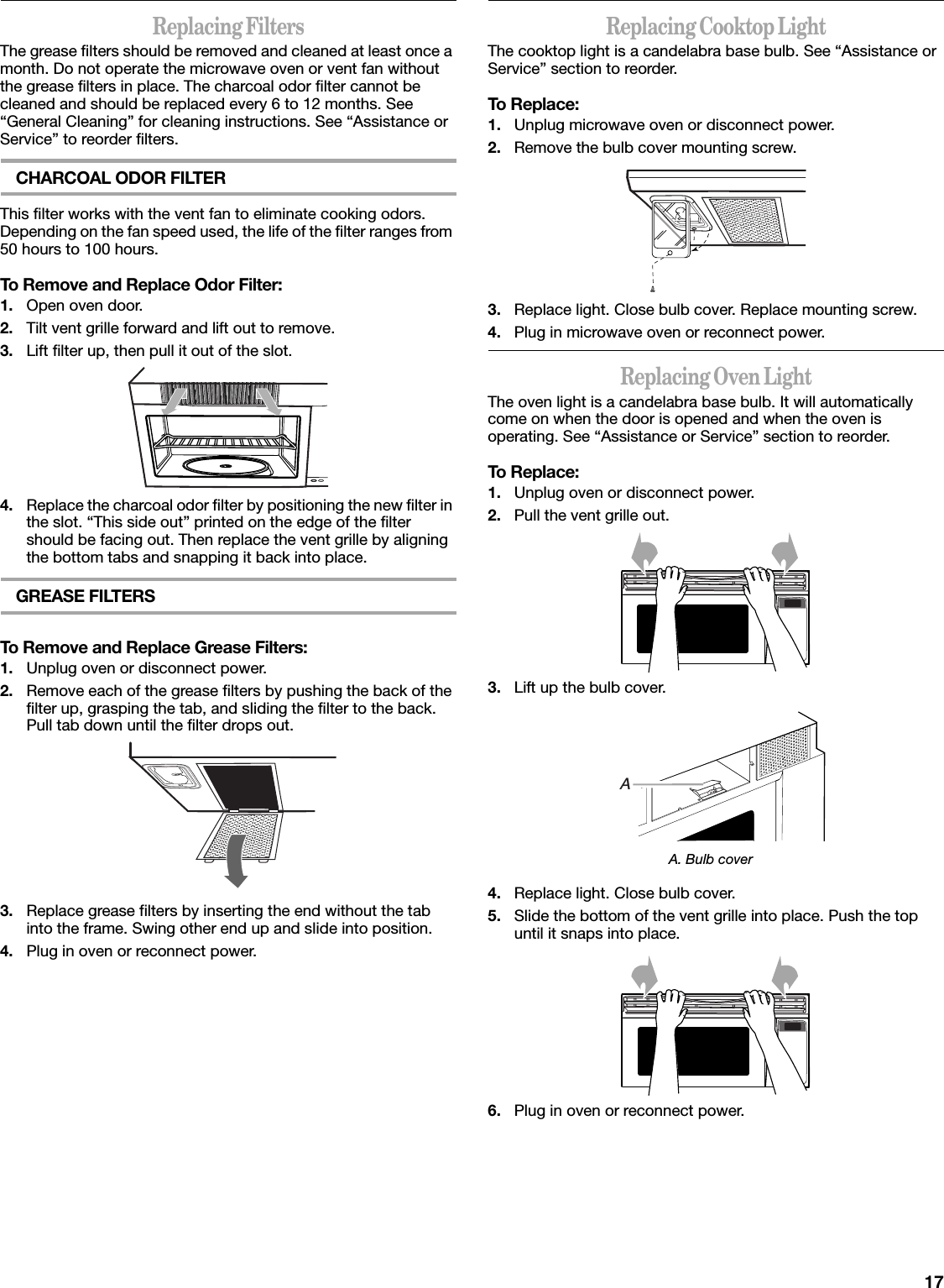 17Replacing FiltersThe grease filters should be removed and cleaned at least once a month. Do not operate the microwave oven or vent fan without the grease filters in place. The charcoal odor filter cannot be cleaned and should be replaced every 6 to 12 months. See “General Cleaning” for cleaning instructions. See “Assistance or Service” to reorder filters.CHARCOAL ODOR FILTERThis filter works with the vent fan to eliminate cooking odors. Depending on the fan speed used, the life of the filter ranges from 50 hours to 100 hours.To Remove and Replace Odor Filter:1. Open oven door.2. Tilt vent grille forward and lift out to remove.3. Lift filter up, then pull it out of the slot.4. Replace the charcoal odor filter by positioning the new filter in the slot. “This side out” printed on the edge of the filter should be facing out. Then replace the vent grille by aligning the bottom tabs and snapping it back into place.GREASE FILTERSTo Remove and Replace Grease Filters:1. Unplug oven or disconnect power.2. Remove each of the grease filters by pushing the back of the filter up, grasping the tab, and sliding the filter to the back. Pull tab down until the filter drops out.3. Replace grease filters by inserting the end without the tab into the frame. Swing other end up and slide into position.4. Plug in oven or reconnect power.Replacing Cooktop LightThe cooktop light is a candelabra base bulb. See “Assistance or Service” section to reorder.To Replace:1. Unplug microwave oven or disconnect power.2. Remove the bulb cover mounting screw.3. Replace light. Close bulb cover. Replace mounting screw.4. Plug in microwave oven or reconnect power.Replacing Oven LightThe oven light is a candelabra base bulb. It will automatically come on when the door is opened and when the oven is operating. See “Assistance or Service” section to reorder.To Replace:1. Unplug oven or disconnect power.2. Pull the vent grille out.3. Lift up the bulb cover.4. Replace light. Close bulb cover.5. Slide the bottom of the vent grille into place. Push the top until it snaps into place.6. Plug in oven or reconnect power.A. Bulb coverA