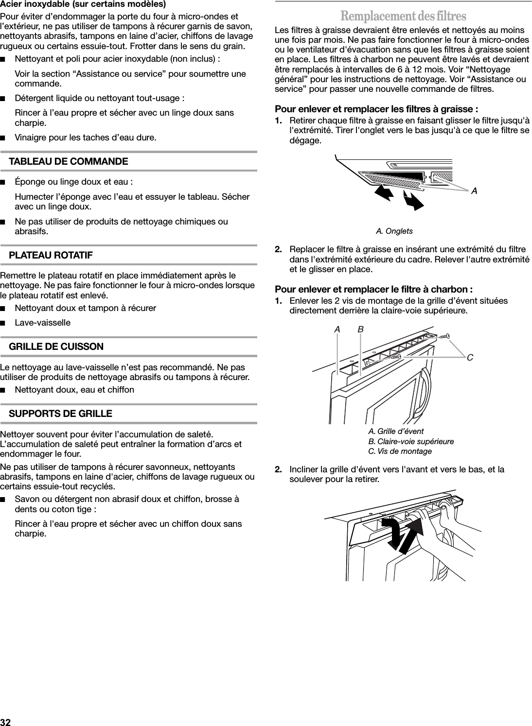 Acier inoxydable (sur certains modèles)Pour éviter d’endommager la porte du four à micro-ondes et l’extérieur, ne pas utiliser de tampons à récurer garnis de savon, nettoyants abrasifs, tampons en laine d’acier, chiffons de lavage rugueux ou certains essuie-tout. Frotter dans le sens du grain.■Nettoyant et poli pour acier inoxydable (non inclus) :Voir la section “Assistance ou service” pour soumettre une commande.■Détergent liquide ou nettoyant tout-usage :Rincer à l’eau propre et sécher avec un linge doux sans charpie.■Vinaigre pour les taches d’eau dure.TABLEAU DE COMMANDE■Éponge ou linge doux et eau :Humecter l’éponge avec l’eau et essuyer le tableau. Sécher avec un linge doux.■Ne pas utiliser de produits de nettoyage chimiques ou abrasifs.PLATEAU ROTATIFRemettre le plateau rotatif en place immédiatement après le nettoyage. Ne pas faire fonctionner le four à micro-ondes lorsque le plateau rotatif est enlevé.■Nettoyant doux et tampon à récurer■Lave-vaisselleGRILLE DE CUISSONLe nettoyage au lave-vaisselle n’est pas recommandé. Ne pas utiliser de produits de nettoyage abrasifs ou tampons à récurer.■Nettoyant doux, eau et chiffon SUPPORTS DE GRILLENettoyer souvent pour éviter l’accumulation de saleté. L’accumulation de saleté peut entraîner la formation d’arcs et endommager le four.Ne pas utiliser de tampons à récurer savonneux, nettoyants abrasifs, tampons en laine d&apos;acier, chiffons de lavage rugueux ou certains essuie-tout recyclés.■Savon ou détergent non abrasif doux et chiffon, brosse à dents ou coton tige :Rincer à l&apos;eau propre et sécher avec un chiffon doux sans charpie.Remplacement des filtresLes filtres à graisse devraient être enlevés et nettoyés au moins une fois par mois. Ne pas faire fonctionner le four à micro-ondes ou le ventilateur d&apos;évacuation sans que les filtres à graisse soient en place. Les filtres à charbon ne peuvent être lavés et devraient être remplacés à intervalles de 6 à 12 mois. Voir “Nettoyage général” pour les instructions de nettoyage. Voir “Assistance ou service” pour passer une nouvelle commande de filtres.Pour enlever et remplacer les filtres à graisse :1. Retirer chaque filtre à graisse en faisant glisser le filtre jusqu&apos;à l&apos;extrémité. Tirer l&apos;onglet vers le bas jusqu&apos;à ce que le filtre se dégage.2. Replacer le filtre à graisse en insérant une extrémité du filtre dans l&apos;extrémité extérieure du cadre. Relever l&apos;autre extrémité et le glisser en place.Pour enlever et remplacer le filtre à charbon :1. Enlever les 2 vis de montage de la grille d’évent situées directement derrière la claire-voie supérieure.2. Incliner la grille d&apos;évent vers l&apos;avant et vers le bas, et la soulever pour la retirer.A. OngletsA. Grille d’éventB. Claire-voie supérieureC. Vis de montageAA       BC