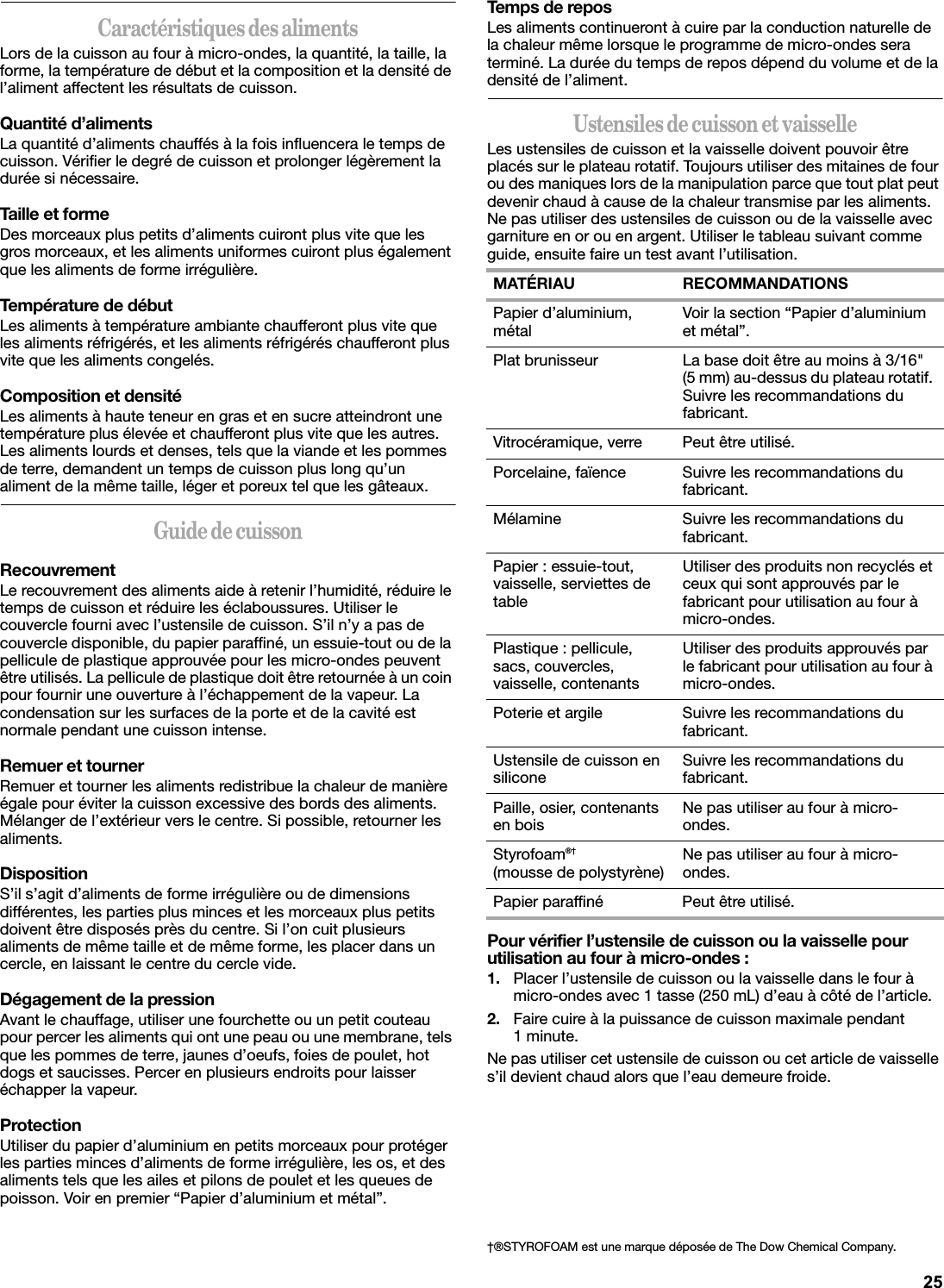 Caractéristiques des alimentsLors de la cuisson au four à micro-ondes, la quantité, la taille, la forme, la température de début et la composition et la densité de l’aliment affectent les résultats de cuisson.Quantité d’alimentsLa quantité d’aliments chauffés à la fois influencera le temps de cuisson. Vérifier le degré de cuisson et prolonger légèrement la durée si nécessaire.Taille et formeDes morceaux plus petits d’aliments cuiront plus vite que les gros morceaux, et les aliments uniformes cuiront plus également que les aliments de forme irrégulière. Température de débutLes aliments à température ambiante chaufferont plus vite que les aliments réfrigérés, et les aliments réfrigérés chaufferont plus vite que les aliments congelés. Composition et densitéLes aliments à haute teneur en gras et en sucre atteindront une température plus élevée et chaufferont plus vite que les autres. Les aliments lourds et denses, tels que la viande et les pommes de terre, demandent un temps de cuisson plus long qu’un aliment de la même taille, léger et poreux tel que les gâteaux.Guide de cuissonRecouvrementLe recouvrement des aliments aide à retenir l’humidité, réduire le temps de cuisson et réduire les éclaboussures. Utiliser le couvercle fourni avec l’ustensile de cuisson. S’il n’y a pas de couvercle disponible, du papier paraffiné, un essuie-tout ou de la pellicule de plastique approuvée pour les micro-ondes peuvent être utilisés. La pellicule de plastique doit être retournée à un coin pour fournir une ouverture à l’échappement de la vapeur. La condensation sur les surfaces de la porte et de la cavité est normale pendant une cuisson intense.Remuer et tournerRemuer et tourner les aliments redistribue la chaleur de manière égale pour éviter la cuisson excessive des bords des aliments. Mélanger de l’extérieur vers le centre. Si possible, retourner les aliments.DispositionS’il s’agit d’aliments de forme irrégulière ou de dimensions différentes, les parties plus minces et les morceaux plus petits doivent être disposés près du centre. Si l’on cuit plusieurs aliments de même taille et de même forme, les placer dans un cercle, en laissant le centre du cercle vide. Dégagement de la pressionAvant le chauffage, utiliser une fourchette ou un petit couteau pour percer les aliments qui ont une peau ou une membrane, tels que les pommes de terre, jaunes d’oeufs, foies de poulet, hot dogs et saucisses. Percer en plusieurs endroits pour laisser échapper la vapeur.ProtectionUtiliser du papier d’aluminium en petits morceaux pour protéger les parties minces d’aliments de forme irrégulière, les os, et des aliments tels que les ailes et pilons de poulet et les queues de poisson. Voir en premier “Papier d’aluminium et métal”.Temps de reposLes aliments continueront à cuire par la conduction naturelle de la chaleur même lorsque le programme de micro-ondes sera terminé. La durée du temps de repos dépend du volume et de la densité de l’aliment. Ustensiles de cuisson et vaisselleLes ustensiles de cuisson et la vaisselle doivent pouvoir être placés sur le plateau rotatif. Toujours utiliser des mitaines de four ou des maniques lors de la manipulation parce que tout plat peut devenir chaud à cause de la chaleur transmise par les aliments. Ne pas utiliser des ustensiles de cuisson ou de la vaisselle avec garniture en or ou en argent. Utiliser le tableau suivant comme guide, ensuite faire un test avant l’utilisation.Pour vérifier l’ustensile de cuisson ou la vaisselle pour utilisation au four à micro-ondes :1. Placer l’ustensile de cuisson ou la vaisselle dans le four à micro-ondes avec 1 tasse (250 mL) d’eau à côté de l’article.2. Faire cuire à la puissance de cuisson maximale pendant 1minute.Ne pas utiliser cet ustensile de cuisson ou cet article de vaisselle s’il devient chaud alors que l’eau demeure froide.MATÉRIAU RECOMMANDATIONSPapier d’aluminium, métal Voir la section “Papier d’aluminium et métal”.Plat brunisseur La base doit être au moins à 3/16&quot; (5 mm) au-dessus du plateau rotatif. Suivre les recommandations du fabricant.Vitrocéramique, verre Peut être utilisé.Porcelaine, faïence Suivre les recommandations du fabricant.Mélamine Suivre les recommandations du fabricant.Papier : essuie-tout, vaisselle, serviettes de tableUtiliser des produits non recyclés et ceux qui sont approuvés par le fabricant pour utilisation au four à micro-ondes.Plastique : pellicule, sacs, couvercles, vaisselle, contenantsUtiliser des produits approuvés par le fabricant pour utilisation au four à micro-ondes.Poterie et argile Suivre les recommandations du fabricant.Ustensile de cuisson en siliconeSuivre les recommandations du fabricant.Paille, osier, contenants en boisNe pas utiliser au four à micro-ondes.Styrofoam®†(mousse de polystyrène)Ne pas utiliser au four à micro-ondes.Papier paraffiné Peut être utilisé.†®STYROFOAM est une marque déposée de The Dow Chemical Company.