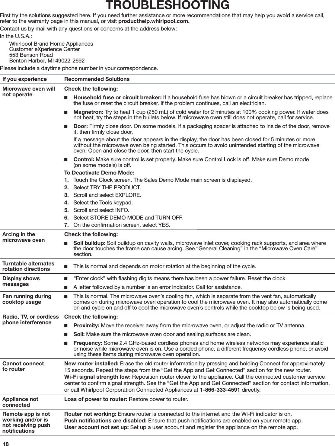 18TROUBLESHOOTINGFirst try the solutions suggested here. If you need further assistance or more recommendations that may help you avoid a service call, refer to the warranty page in this manual, or visit producthelp.whirlpool.com.Contact us by mail with any questions or concerns at the address below:In the U.S.A.:Whirlpool Brand Home Appliances Customer eXperience Center 553 Benson Road Benton Harbor, MI 49022-2692Please include a daytime phone number in your correspondence.If you experience Recommended SolutionsMicrowave oven will not operateCheck the following: ■Household fuse or circuit breaker: If a household fuse has blown or a circuit breaker has tripped, replace the fuse or reset the circuit breaker. If the problem continues, call an electrician. ■Magnetron: Try to heat 1 cup (250 mL) of cold water for 2 minutes at 100% cooking power. If water does not heat, try the steps in the bullets below. If microwave oven still does not operate, call for service. ■Door: Firmly close door. On some models, if a packaging spacer is attached to inside of the door, remove it, then ﬁrmly close door.If a message about the door appears in the display, the door has been closed for 5 minutes or more without the microwave oven being started. This occurs to avoid unintended starting of the microwave oven. Open and close the door, then start the cycle. ■Control: Make sure control is set properly. Make sure Control Lock is off. Make sure Demo mode (on some models) is off.To Deactivate Demo Mode:1.  Touch the Clock screen. The Sales Demo Mode main screen is displayed.2.  Select TRY THE PRODUCT.3.  Scroll and select EXPLORE.4.  Select the Tools keypad.5.  Scroll and select INFO.6.  Select STORE DEMO MODE and TURN OFF.7.  On the conﬁrmation screen, select YES.Arcing in the  microwave ovenCheck the following: ■Soil buildup: Soil buildup on cavity walls, microwave inlet cover, cooking rack supports, and area where the door touches the frame can cause arcing. See “General Cleaning” in the “Microwave Oven Care” section.Turntable alternates rotation directions  ■This is normal and depends on motor rotation at the beginning of the cycle.Display shows  messages ■“Enter clock” with ﬂashing digits means there has been a power failure. Reset the clock. ■A letter followed by a number is an error indicator. Call for assistance.Fan running during cooktop usage ■This is normal. The microwave oven’s cooling fan, which is separate from the vent fan, automatically comes on during microwave oven operation to cool the microwave oven. It may also automatically come on and cycle on and off to cool the microwave oven’s controls while the cooktop below is being used.Radio, TV, or cordless phone interferenceCheck the following: ■Proximity: Move the receiver away from the microwave oven, or adjust the radio or TV antenna. ■Soil: Make sure the microwave oven door and sealing surfaces are clean. ■Frequency: Some 2.4 GHz-based cordless phones and home wireless networks may experience static or noise while microwave oven is on. Use a corded phone, a different frequency cordless phone, or avoid using these items during microwave oven operation.Cannot connect  to routerNew router installed: Erase the old router information by pressing and holding Connect for approximately 15 seconds. Repeat the steps from the “Get the App and Get Connected” section for the new router.Wi-Fi signal strength low: Reposition router closer to the appliance. Call the connected customer service center to conﬁrm signal strength. See the “Get the App and Get Connected” section for contact information, or call Whirlpool Corporation Connected Appliances at 1-866-333-4591 directly.Appliance not connectedLoss of power to router: Restore power to router.Remote app is not working and/or is not receiving push notiﬁcationsRouter not working: Ensure router is connected to the internet and the Wi-Fi indicator is on.Push notiﬁcations are disabled: Ensure that push notiﬁcations are enabled on your remote app.User account not set up: Set up a user account and register the appliance on the remote app.