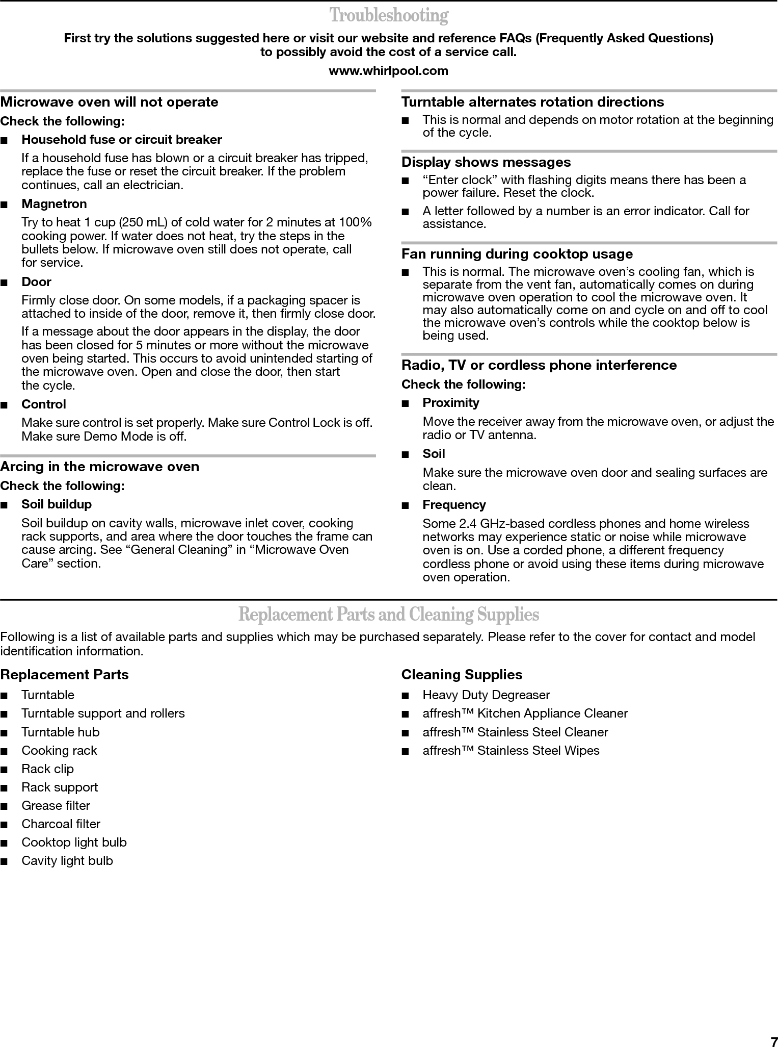 7TroubleshootingFirst try the solutions suggested here or visit our website and reference FAQs (Frequently Asked Questions) to possibly avoid the cost of a service call.www.whirlpool.comMicrowave oven will not operateCheck the following:■Household fuse or circuit breakerIf a household fuse has blown or a circuit breaker has tripped, replace the fuse or reset the circuit breaker. If the problem continues, call an electrician.■MagnetronTry to heat 1 cup (250 mL) of cold water for 2 minutes at 100% cooking power. If water does not heat, try the steps in the bullets below. If microwave oven still does not operate, call for service.■Door Firmly close door. On some models, if a packaging spacer is attached to inside of the door, remove it, then firmly close door.If a message about the door appears in the display, the door has been closed for 5 minutes or more without the microwave oven being started. This occurs to avoid unintended starting of the microwave oven. Open and close the door, then start the cycle.■ControlMake sure control is set properly. Make sure Control Lock is off. Make sure Demo Mode is off.Arcing in the microwave ovenCheck the following:■Soil buildupSoil buildup on cavity walls, microwave inlet cover, cooking rack supports, and area where the door touches the frame can cause arcing. See “General Cleaning” in “Microwave Oven Care” section.Turntable alternates rotation directions■This is normal and depends on motor rotation at the beginning of the cycle.Display shows messages■“Enter clock” with flashing digits means there has been a power failure. Reset the clock.■A letter followed by a number is an error indicator. Call for assistance.Fan running during cooktop usage■This is normal. The microwave oven’s cooling fan, which is separate from the vent fan, automatically comes on during microwave oven operation to cool the microwave oven. It may also automatically come on and cycle on and off to cool the microwave oven’s controls while the cooktop below is being used.Radio, TV or cordless phone interferenceCheck the following:■ProximityMove the receiver away from the microwave oven, or adjust the radio or TV antenna.■SoilMake sure the microwave oven door and sealing surfaces are clean.■FrequencySome 2.4 GHz-based cordless phones and home wireless networks may experience static or noise while microwave oven is on. Use a corded phone, a different frequency cordless phone or avoid using these items during microwave oven operation.Replacement Parts and Cleaning SuppliesFollowing is a list of available parts and supplies which may be purchased separately. Please refer to the cover for contact and model identification information.Replacement Parts■Turntable■Turntable support and rollers■Turntable hub■Cooking rack■Rack clip■Rack support■Grease filter■Charcoal filter■Cooktop light bulb■Cavity light bulbCleaning Supplies■Heavy Duty Degreaser■affresh™ Kitchen Appliance Cleaner■affresh™ Stainless Steel Cleaner■affresh™ Stainless Steel Wipes