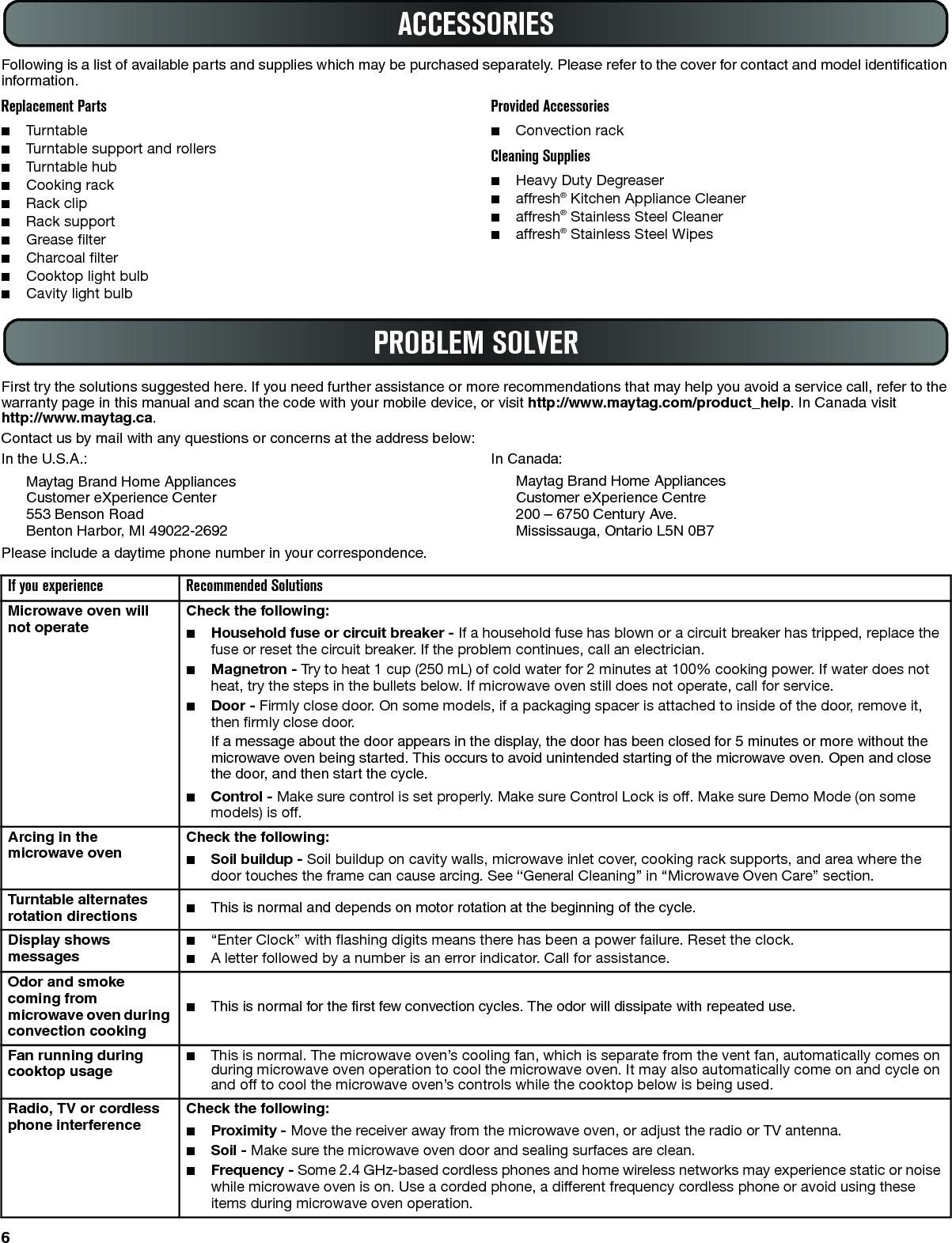 6Following is a list of available parts and supplies which may be purchased separately. Please refer to the cover for contact and model identification information.Replacement Parts■Turnta ble■Turntable support and rollers■Turntable hub■Cooking rack ■Rack clip■Rack support ■Grease filter■Charcoal filter■Cooktop light bulb■Cavity light bulbProvided Accessories■Convection rackCleaning Supplies■Heavy Duty Degreaser■affresh® Kitchen Appliance Cleaner■affresh® Stainless Steel Cleaner■affresh® Stainless Steel WipesFirst try the solutions suggested here. If you need further assistance or more recommendations that may help you avoid a service call, refer to the warranty page in this manual and scan the code with your mobile device, or visit http://www.maytag.com/product_help. In Canada visit http://www.maytag.ca.Contact us by mail with any questions or concerns at the address below:In the U.S.A.:Maytag Brand Home AppliancesCustomer eXperience Center553 Benson RoadBenton Harbor, MI 49022-2692In Canada:Maytag Brand Home AppliancesCustomer eXperience Centre200 – 6750 Century Ave.Mississauga, Ontario L5N 0B7Please include a daytime phone number in your correspondence.ACCESSORIESPROBLEM SOLVERIf you experience Recommended SolutionsMicrowave oven will not operateCheck the following:■Household fuse or circuit breaker - If a household fuse has blown or a circuit breaker has tripped, replace the fuse or reset the circuit breaker. If the problem continues, call an electrician.■Magnetron - Try to heat 1 cup (250 mL) of cold water for 2 minutes at 100% cooking power. If water does not heat, try the steps in the bullets below. If microwave oven still does not operate, call for service.■Door - Firmly close door. On some models, if a packaging spacer is attached to inside of the door, remove it, then firmly close door.If a message about the door appears in the display, the door has been closed for 5 minutes or more without the microwave oven being started. This occurs to avoid unintended starting of the microwave oven. Open and close the door, and then start the cycle.■Control - Make sure control is set properly. Make sure Control Lock is off. Make sure Demo Mode (on some models) is off.Arcing in the microwave ovenCheck the following:■Soil buildup - Soil buildup on cavity walls, microwave inlet cover, cooking rack supports, and area where the door touches the frame can cause arcing. See “General Cleaning” in “Microwave Oven Care” section.Turntable alternates rotation directions ■This is normal and depends on motor rotation at the beginning of the cycle.Display shows messages■“Enter Clock” with flashing digits means there has been a power failure. Reset the clock.■A letter followed by a number is an error indicator. Call for assistance.Odor and smoke coming from microwave oven during convection cooking■This is normal for the first few convection cycles. The odor will dissipate with repeated use.Fan running during cooktop usage■This is normal. The microwave oven’s cooling fan, which is separate from the vent fan, automatically comes on during microwave oven operation to cool the microwave oven. It may also automatically come on and cycle on and off to cool the microwave oven’s controls while the cooktop below is being used.Radio, TV or cordless phone interferenceCheck the following:■Proximity - Move the receiver away from the microwave oven, or adjust the radio or TV antenna.■Soil - Make sure the microwave oven door and sealing surfaces are clean.■Frequency - Some 2.4 GHz-based cordless phones and home wireless networks may experience static or noise while microwave oven is on. Use a corded phone, a different frequency cordless phone or avoid using these items during microwave oven operation.