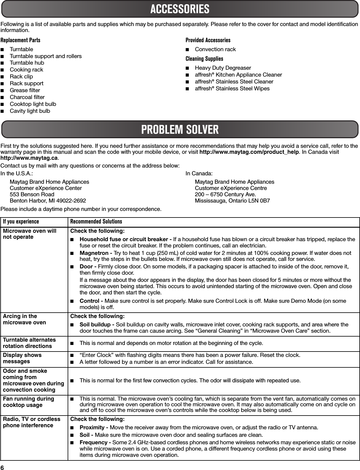 6Following is a list of available parts and supplies which may be purchased separately. Please refer to the cover for contact and model identification information.Replacement Parts■Turntable■Turntable support and rollers■Turntable hub■Cooking rack ■Rack clip■Rack support ■Grease filter■Charcoal filter■Cooktop light bulb■Cavity light bulbProvided Accessories■Convection rackCleaning Supplies■Heavy Duty Degreaser■affresh® Kitchen Appliance Cleaner■affresh® Stainless Steel Cleaner■affresh® Stainless Steel WipesFirst try the solutions suggested here. If you need further assistance or more recommendations that may help you avoid a service call, refer to the warranty page in this manual and scan the code with your mobile device, or visit http://www.maytag.com/product_help. In Canada visit http://www.maytag.ca.Contact us by mail with any questions or concerns at the address below:In the U.S.A.:Maytag Brand Home AppliancesCustomer eXperience Center553 Benson RoadBenton Harbor, MI 49022-2692In Canada:Maytag Brand Home AppliancesCustomer eXperience Centre200 – 6750 Century Ave.Mississauga, Ontario L5N 0B7Please include a daytime phone number in your correspondence.ACCESSORIESPROBLEM SOLVERIf you experience Recommended SolutionsMicrowave oven will not operate Check the following:■Household fuse or circuit breaker - If a household fuse has blown or a circuit breaker has tripped, replace the fuse or reset the circuit breaker. If the problem continues, call an electrician.■Magnetron - Try to heat 1 cup (250 mL) of cold water for 2 minutes at 100% cooking power. If water does not heat, try the steps in the bullets below. If microwave oven still does not operate, call for service.■Door - Firmly close door. On some models, if a packaging spacer is attached to inside of the door, remove it, then firmly close door.If a message about the door appears in the display, the door has been closed for 5 minutes or more without the microwave oven being started. This occurs to avoid unintended starting of the microwave oven. Open and close the door, and then start the cycle.■Control - Make sure control is set properly. Make sure Control Lock is off. Make sure Demo Mode (on some models) is off.Arcing in the microwave oven Check the following:■Soil buildup - Soil buildup on cavity walls, microwave inlet cover, cooking rack supports, and area where the door touches the frame can cause arcing. See “General Cleaning” in “Microwave Oven Care” section.Turntable alternates rotation directions ■This is normal and depends on motor rotation at the beginning of the cycle.Display shows messages■“Enter Clock” with flashing digits means there has been a power failure. Reset the clock.■A letter followed by a number is an error indicator. Call for assistance.Odor and smoke coming from microwave oven during convection cooking■This is normal for the first few convection cycles. The odor will dissipate with repeated use.Fan running during cooktop usage■This is normal. The microwave oven’s cooling fan, which is separate from the vent fan, automatically comes on during microwave oven operation to cool the microwave oven. It may also automatically come on and cycle on and off to cool the microwave oven’s controls while the cooktop below is being used.Radio, TV or cordless phone interference Check the following:■Proximity - Move the receiver away from the microwave oven, or adjust the radio or TV antenna.■Soil - Make sure the microwave oven door and sealing surfaces are clean.■Frequency - Some 2.4 GHz-based cordless phones and home wireless networks may experience static or noise while microwave oven is on. Use a corded phone, a different frequency cordless phone or avoid using these items during microwave oven operation.
