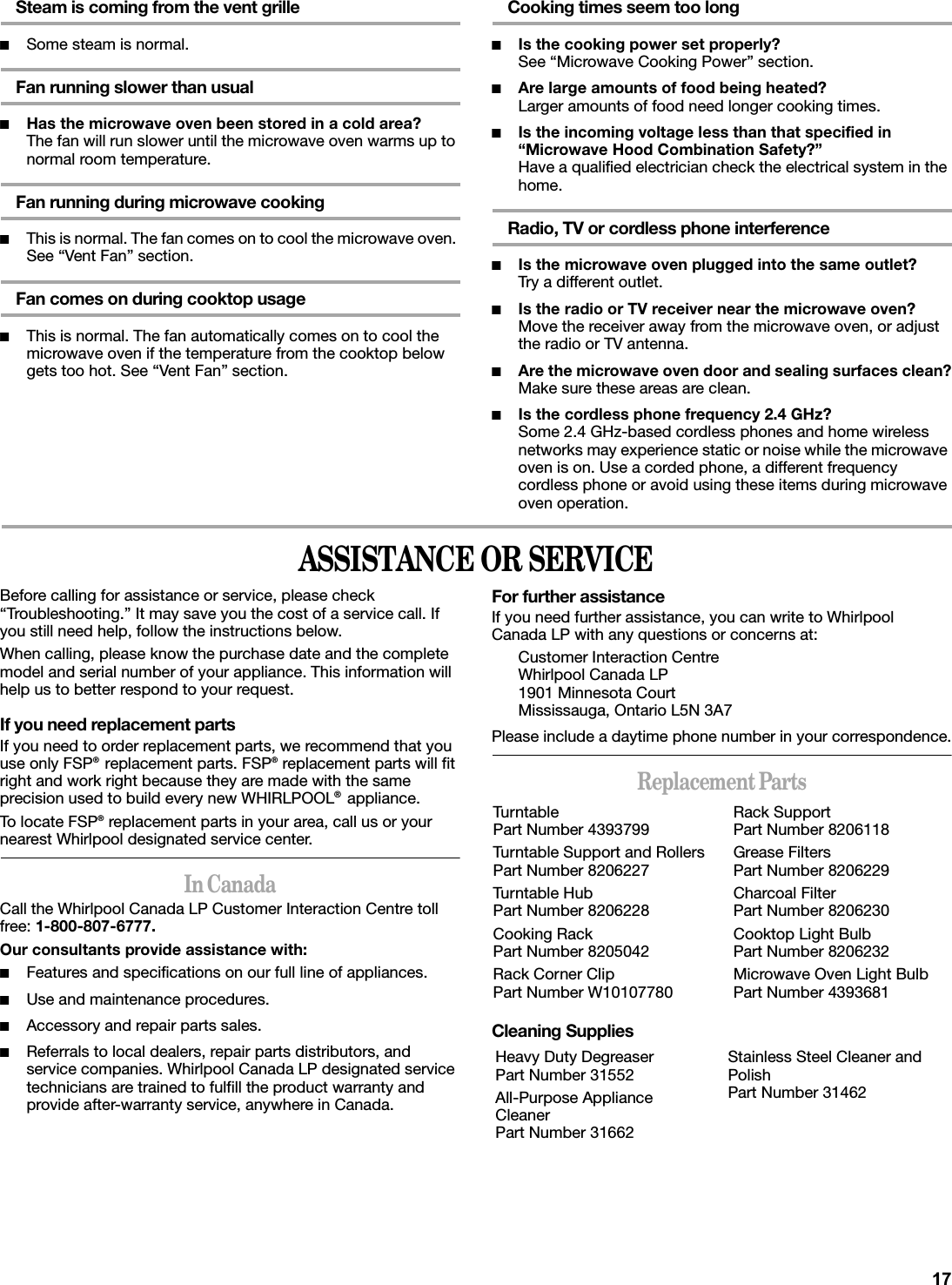 Steam is coming from the vent grille■Some steam is normal.Fan running slower than usual■Has the microwave oven been stored in a cold area?The fan will run slower until the microwave oven warms up to normal room temperature.Fan running during microwave cooking■This is normal. The fan comes on to cool the microwave oven. See “Vent Fan” section.Fan comes on during cooktop usage■This is normal. The fan automatically comes on to cool the microwave oven if the temperature from the cooktop below gets too hot. See “Vent Fan” section.Cooking times seem too long■Is the cooking power set properly?See “Microwave Cooking Power” section.■Are large amounts of food being heated?Larger amounts of food need longer cooking times.■Is the incoming voltage less than that specified in “Microwave Hood Combination Safety?”Have a qualified electrician check the electrical system in the home.Radio, TV or cordless phone interference■Is the microwave oven plugged into the same outlet?Try a different outlet.■Is the radio or TV receiver near the microwave oven?Move the receiver away from the microwave oven, or adjust the radio or TV antenna.■Are the microwave oven door and sealing surfaces clean?Make sure these areas are clean.■Is the cordless phone frequency 2.4 GHz?Some 2.4 GHz-based cordless phones and home wireless networks may experience static or noise while the microwave oven is on. Use a corded phone, a different frequency cordless phone or avoid using these items during microwave oven operation.ASSISTANCE OR SERVICEBefore calling for assistance or service, please check “Troubleshooting.” It may save you the cost of a service call. If you still need help, follow the instructions below.When calling, please know the purchase date and the complete model and serial number of your appliance. This information will help us to better respond to your request.If you need replacement partsIf you need to order replacement parts, we recommend that you use only FSP®replacement parts. FSP® replacement parts will fit right and work right because they are made with the same precision used to build every new WHIRLPOOL®appliance. To locate FSP® replacement parts in your area, call us or your nearest Whirlpool designated service center.In CanadaCall the Whirlpool Canada LP Customer Interaction Centre toll free: 1-800-807-6777.Our consultants provide assistance with:■Features and specifications on our full line of appliances.■Use and maintenance procedures.■Accessory and repair parts sales.■Referrals to local dealers, repair parts distributors, and service companies. Whirlpool Canada LP designated service technicians are trained to fulfill the product warranty and provide after-warranty service, anywhere in Canada. For further assistanceIf you need further assistance, you can write to Whirlpool Canada LP with any questions or concerns at:Customer Interaction CentreWhirlpool Canada LP1901 Minnesota CourtMississauga, Ontario L5N 3A7Please include a daytime phone number in your correspondence.Replacement PartsCleaning SuppliesTurntablePart Number 4393799Turntable Support and RollersPart Number 8206227Turntable HubPart Number 8206228Cooking RackPart Number 8205042Rack Corner ClipPart Number W10107780Rack SupportPart Number 8206118Grease FiltersPart Number 8206229Charcoal FilterPart Number 8206230Cooktop Light BulbPart Number 8206232Microwave Oven Light BulbPart Number 4393681Heavy Duty DegreaserPart Number 31552All-Purpose Appliance CleanerPart Number 31662Stainless Steel Cleaner and PolishPart Number 31462